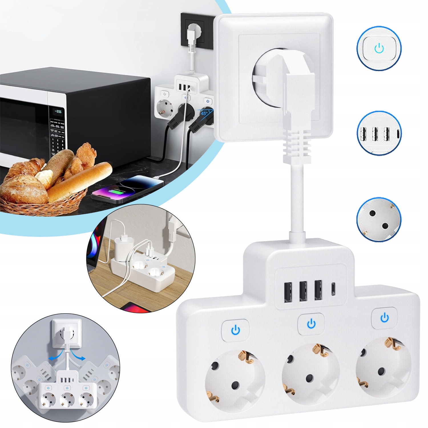 LISTWA ZASILAJĄCA ŚCIENNA Z WYŁĄCZNIKAMI WIELOKROTNE GNIAZDO USB, 3 GNIAZDA