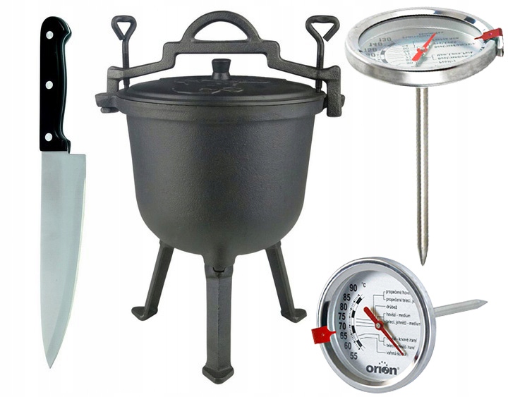 KOCIOŁEK MYŚLIWSKI ŻELIWNY+TERM.+NÓŻ NIEMIECKI 10L