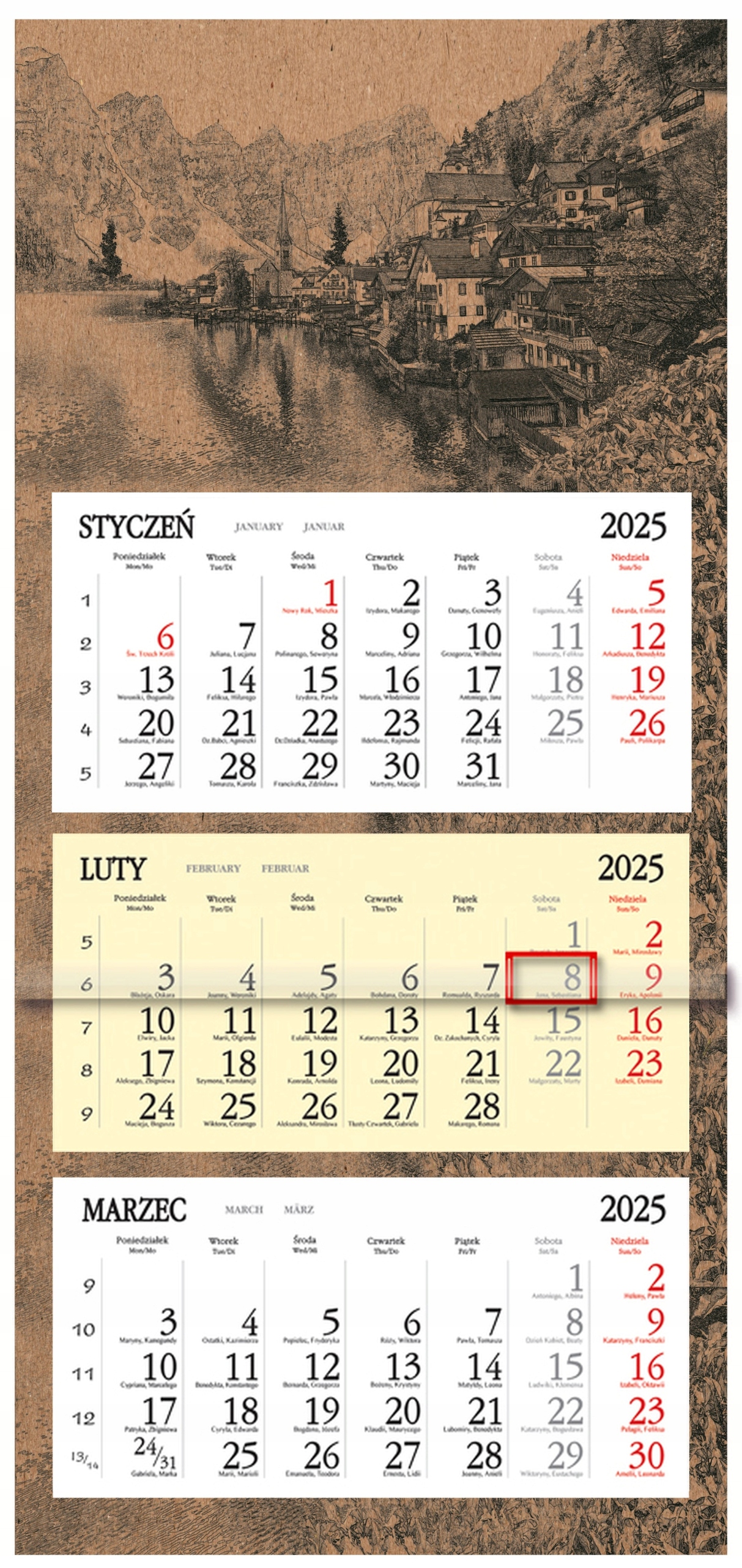 Kalendarz 2025 ścienny TRÓJDZIELNY KRAFT EKO - Alpy