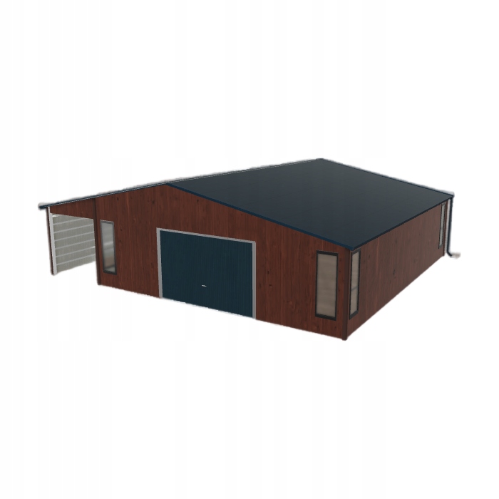 Plechová garáž 7.5 x 8.5 m s přístřeškem Tmavý ořech