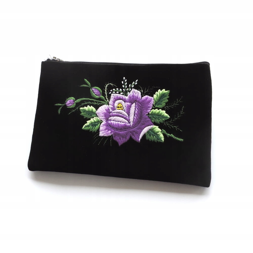 Plochá Kosmetická Taška Folk Rybářská Výšivka Fialová Růže Ruční Práce