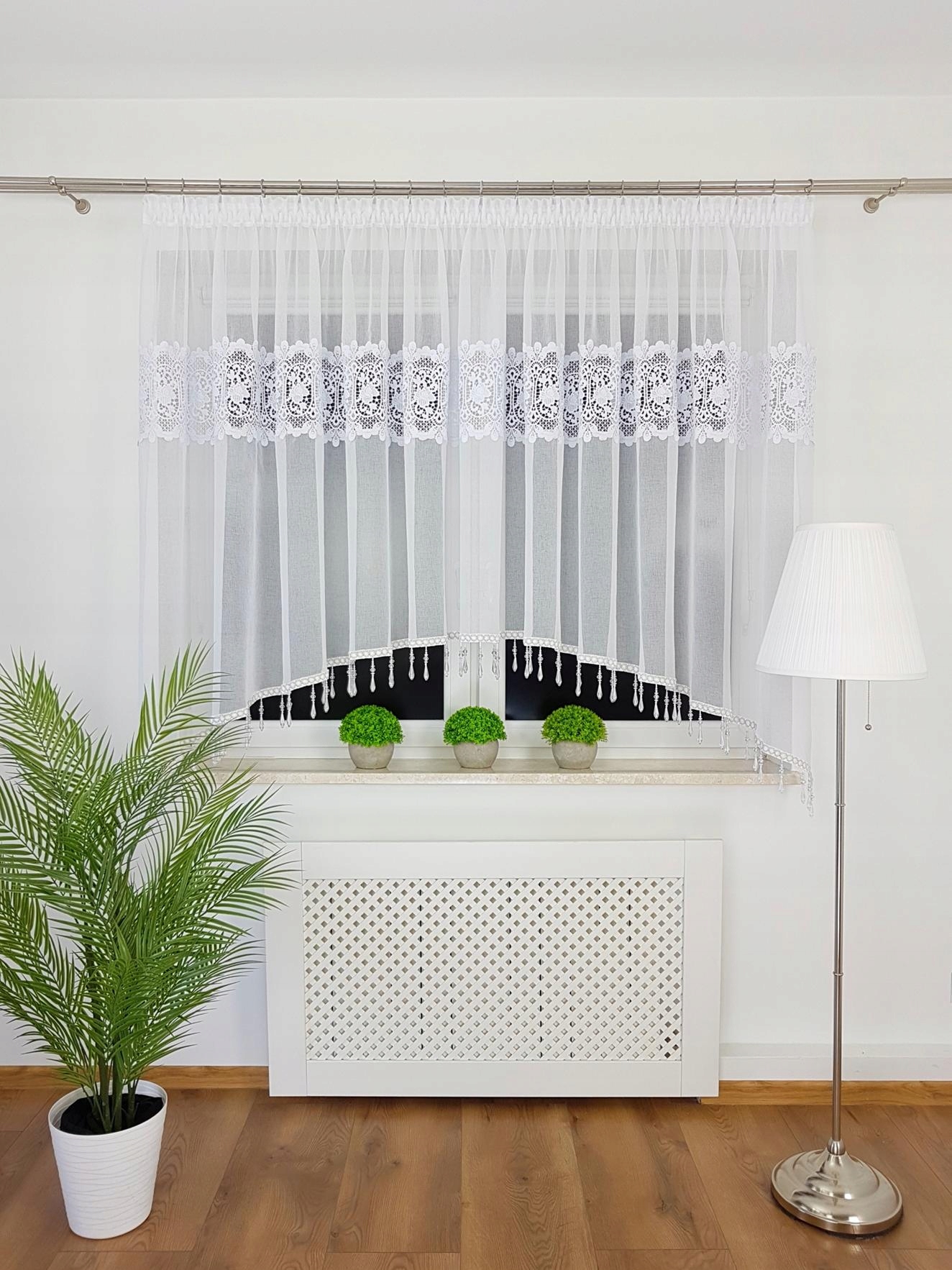 Firana Gotowa Sable Firanki Z Gipiurą Koraliki Łuk Taśma 300/160 Do Salonu