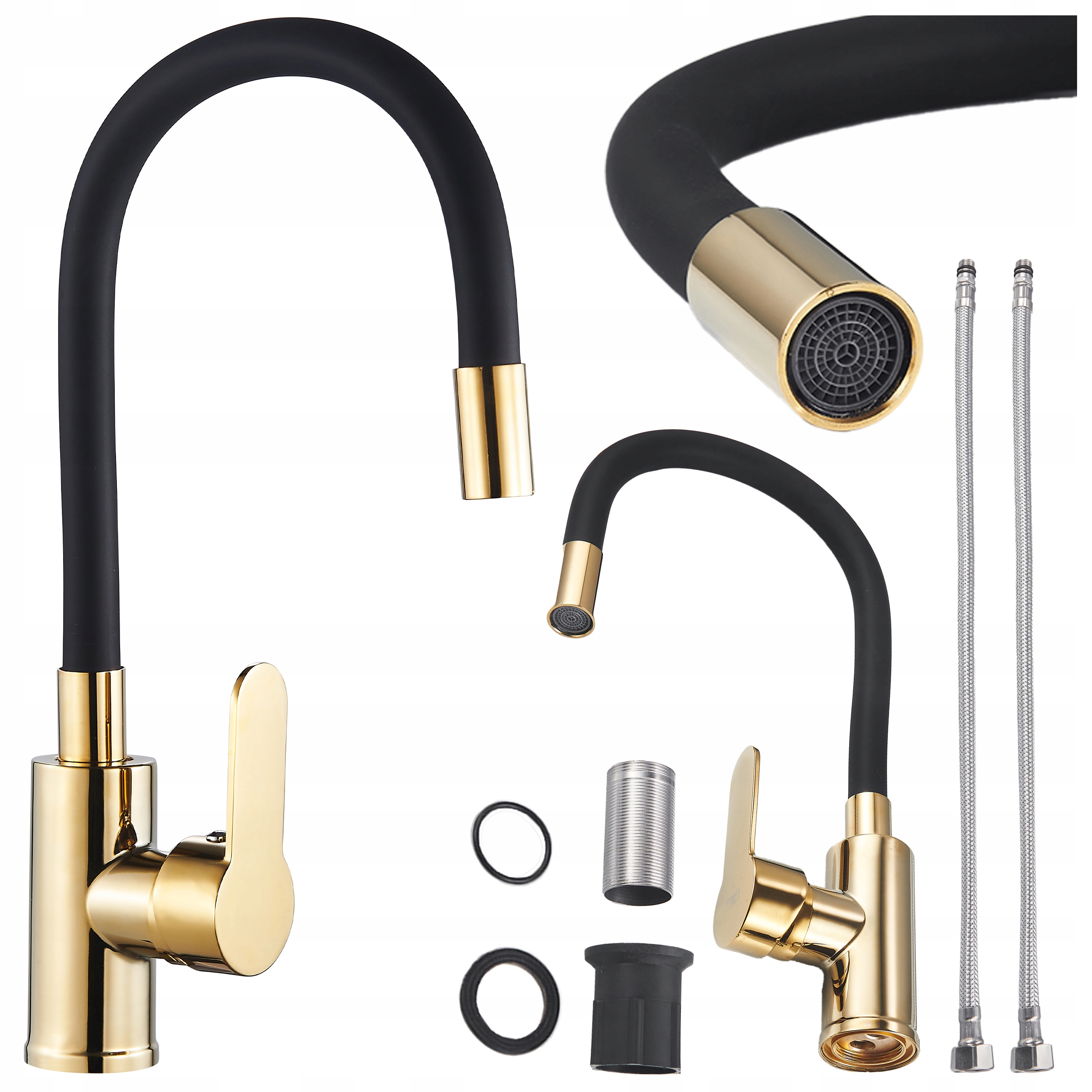 Kuchyňská Stojánková Baterie Na Desku S Kohoutkem Dax, Ohebná, Černá, Zlatá Základna