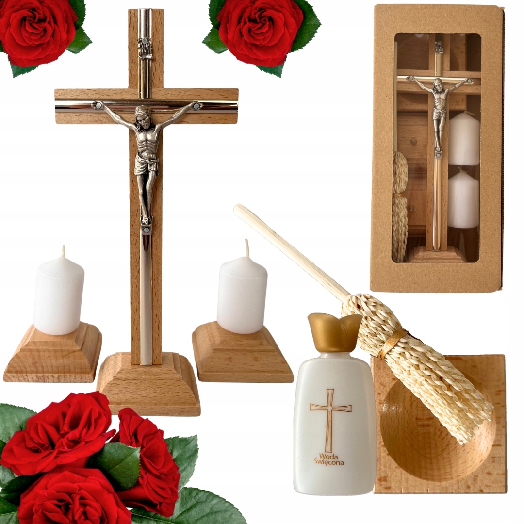 Dřevěná Koledová Souprava kříž příslušenství láhev na vodu svěcená Bonus