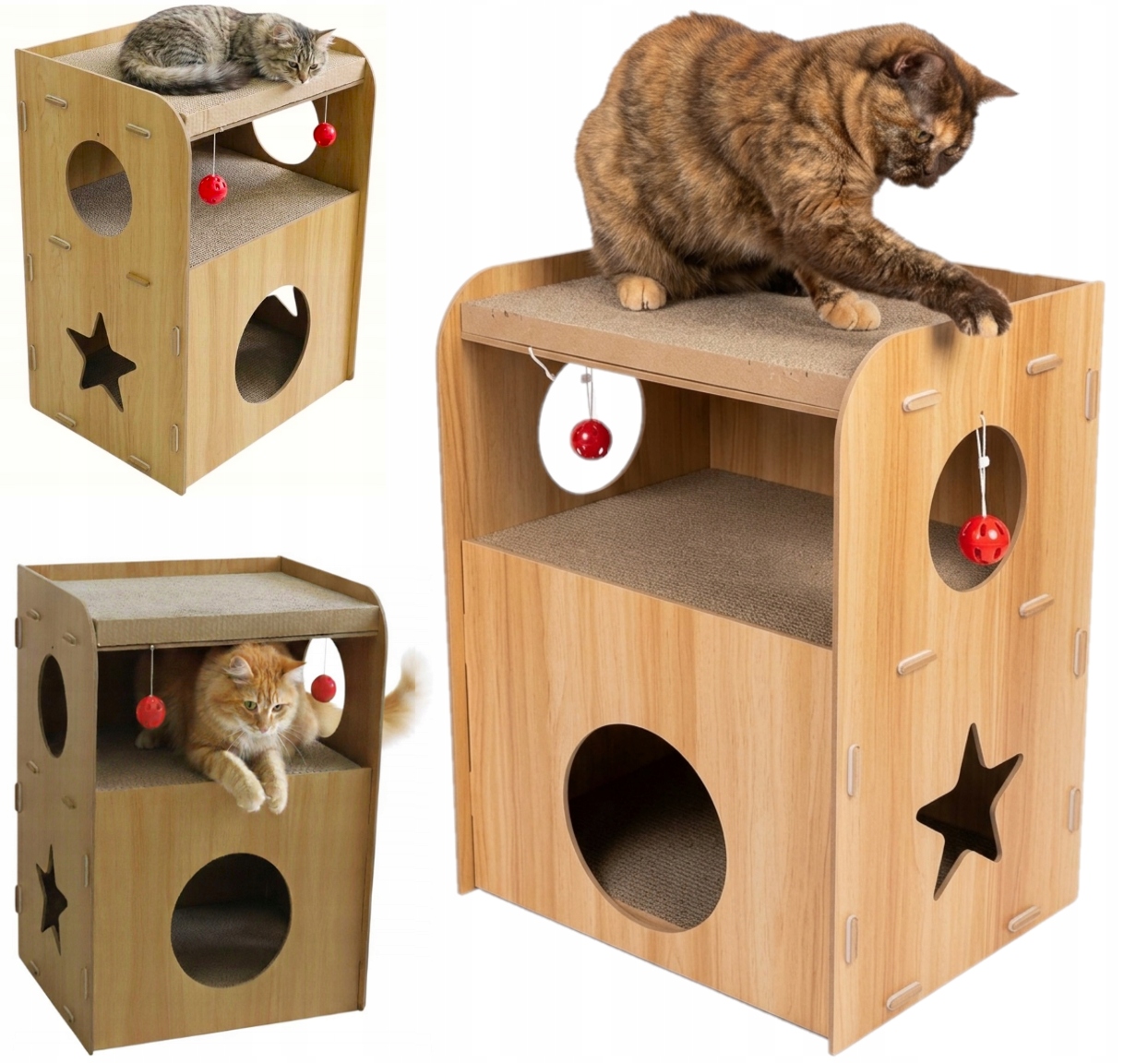 Levně Patrový Domeček Pro Kočky Kartonové Škrabadlo Mdf Pelíšek 3 Úrovně S Míčkem