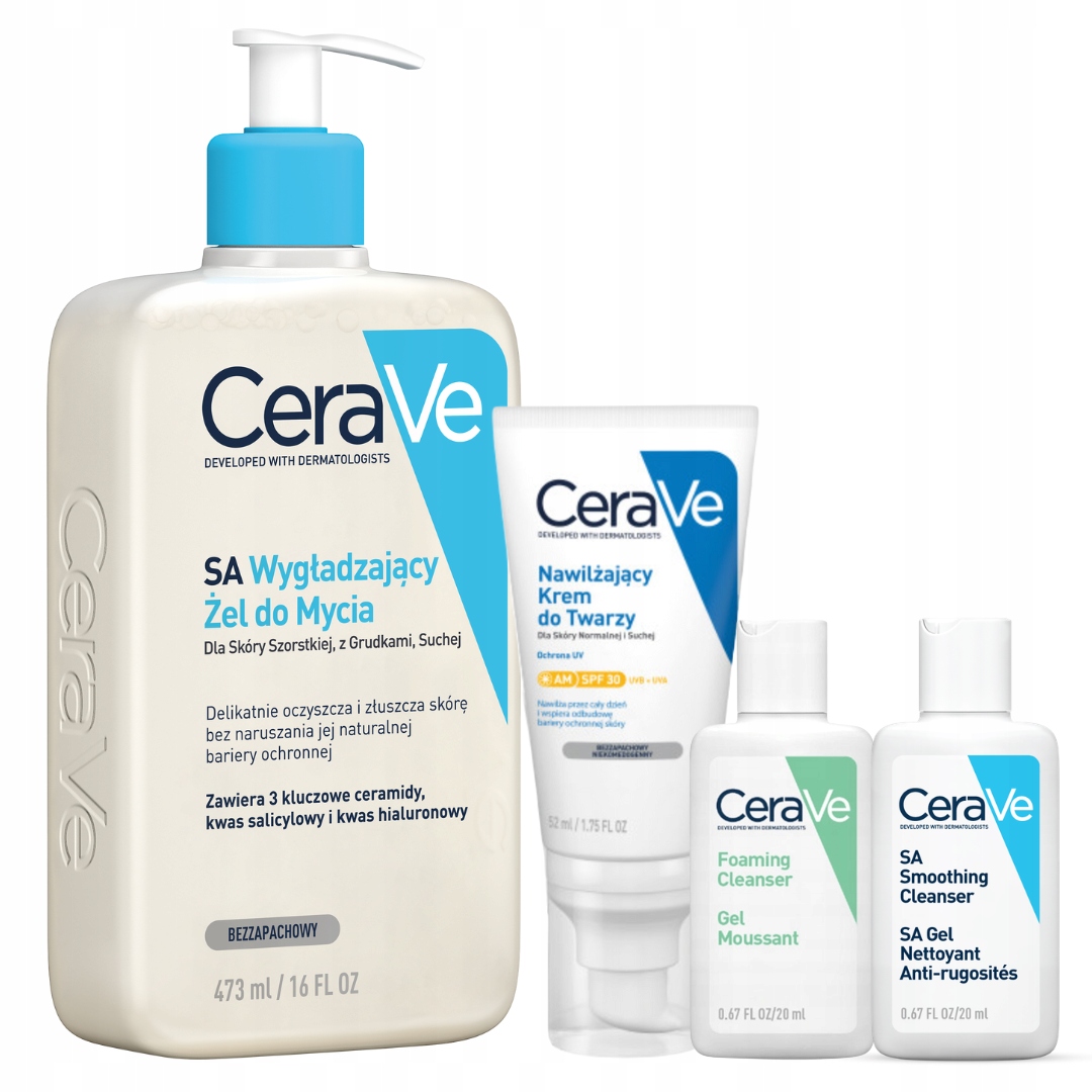 Zestaw CeraVe Nawilżający Krem do Twarzy Spf 30 52ml Żel Wygładzający 473ml