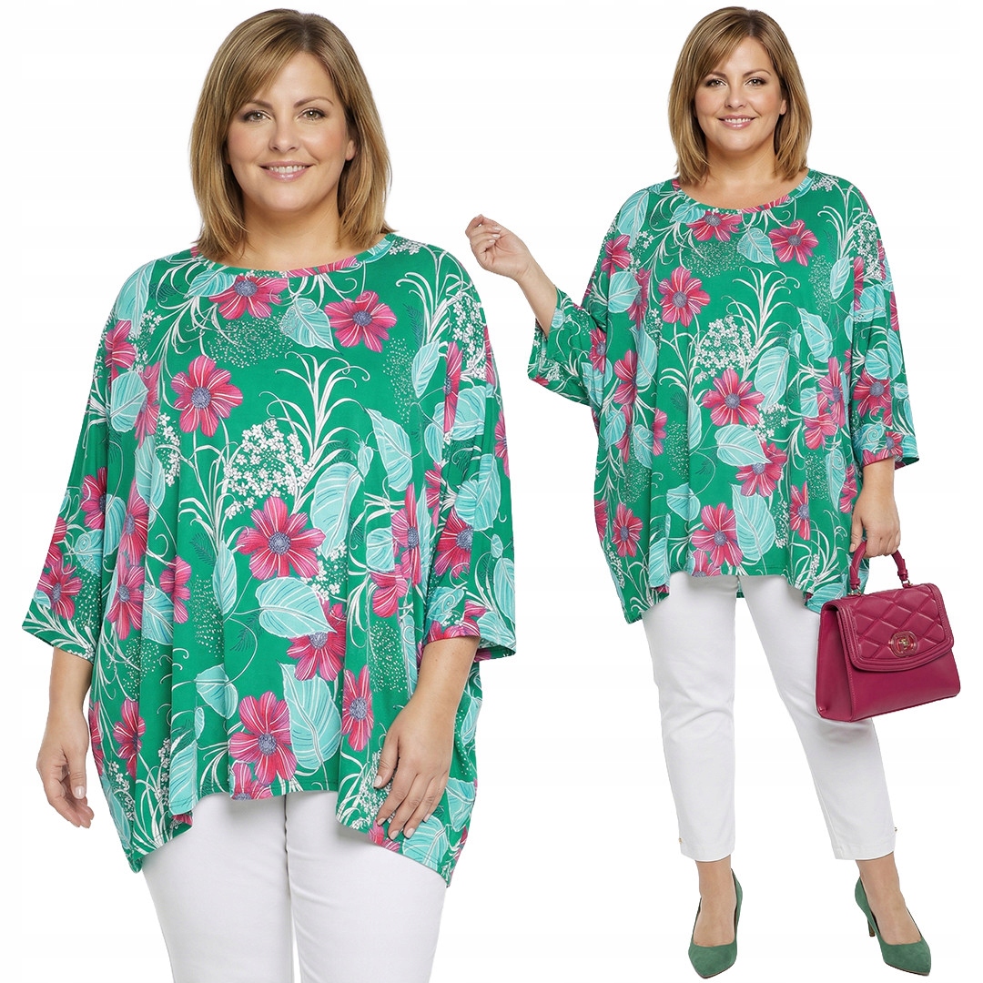 Zelená tunika vzor růžové květy plus size velikost 52/54