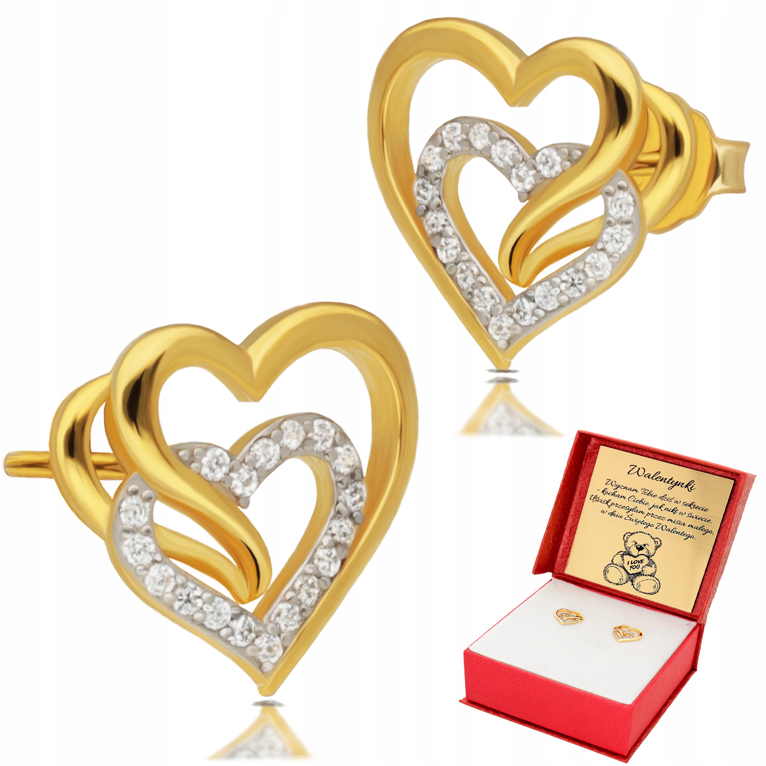 

Złote Kolczyki Serca Love Cyrkonie 925 Walentynki