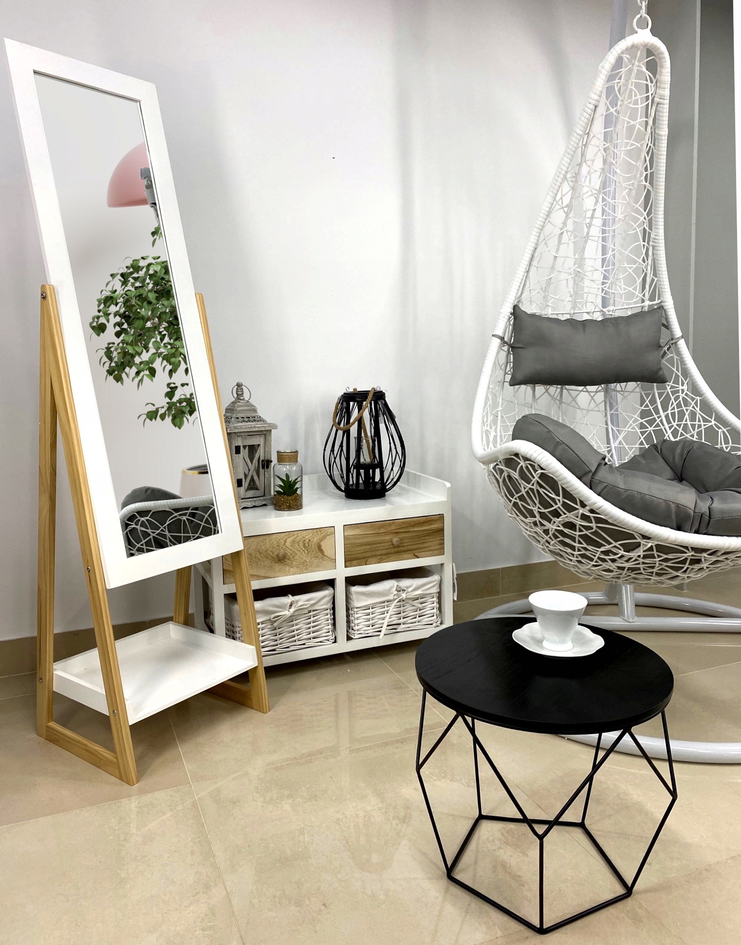 LUSTRO STOJĄCE PÓŁKA DREWNIANE 149CM W RAMIE BIAŁE Kod producenta PHO9740