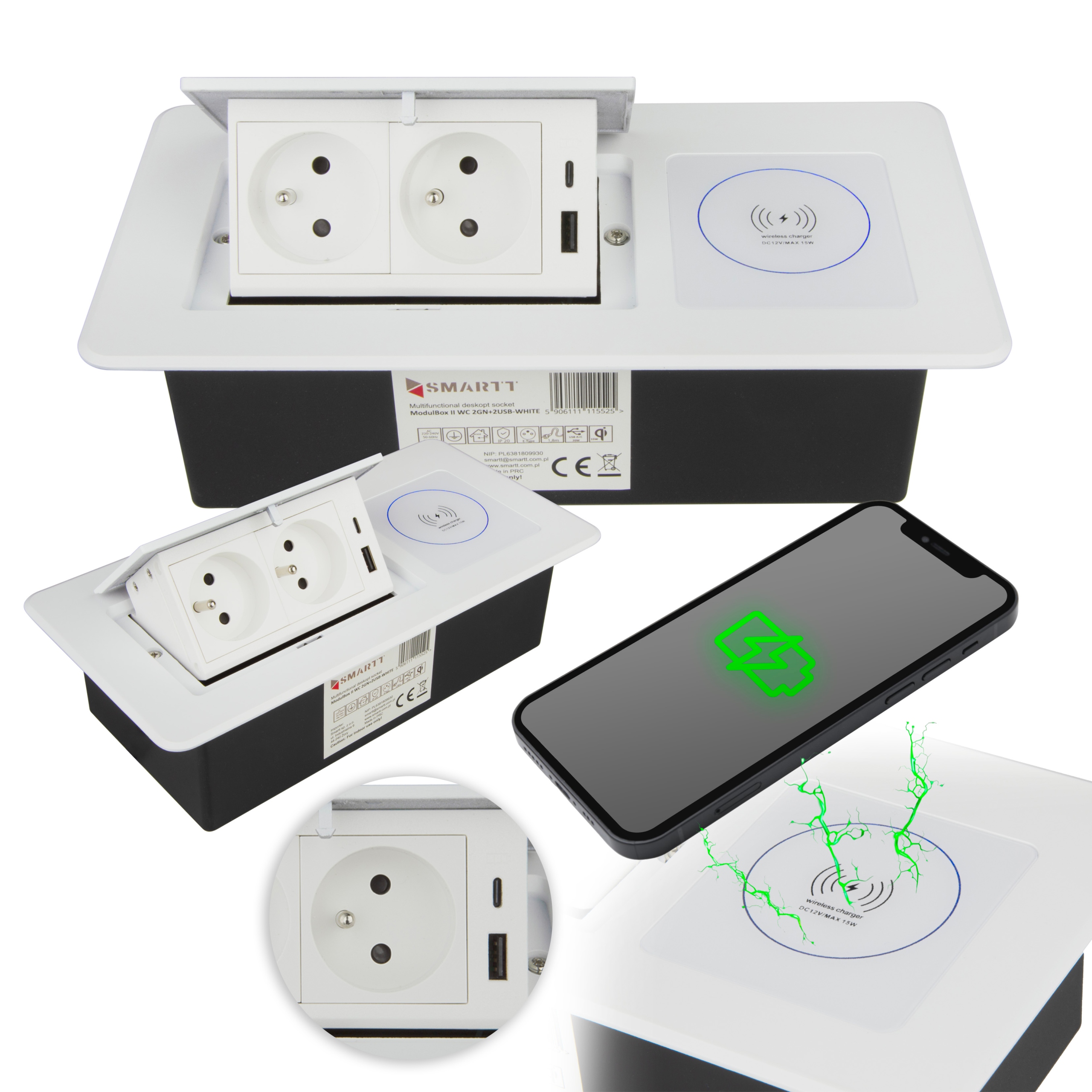 Zásuvka Na Dosku Zasúvateľná Do Dosky 2X Usb 2X 230 V Indukčná Nabíjačka Biela