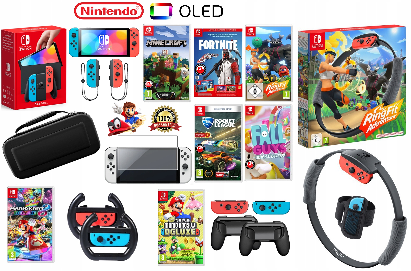 Nintendo SWITCH Oled Neon + gry + szkło + etui + 2 kier + 2 grip + Ring Fit