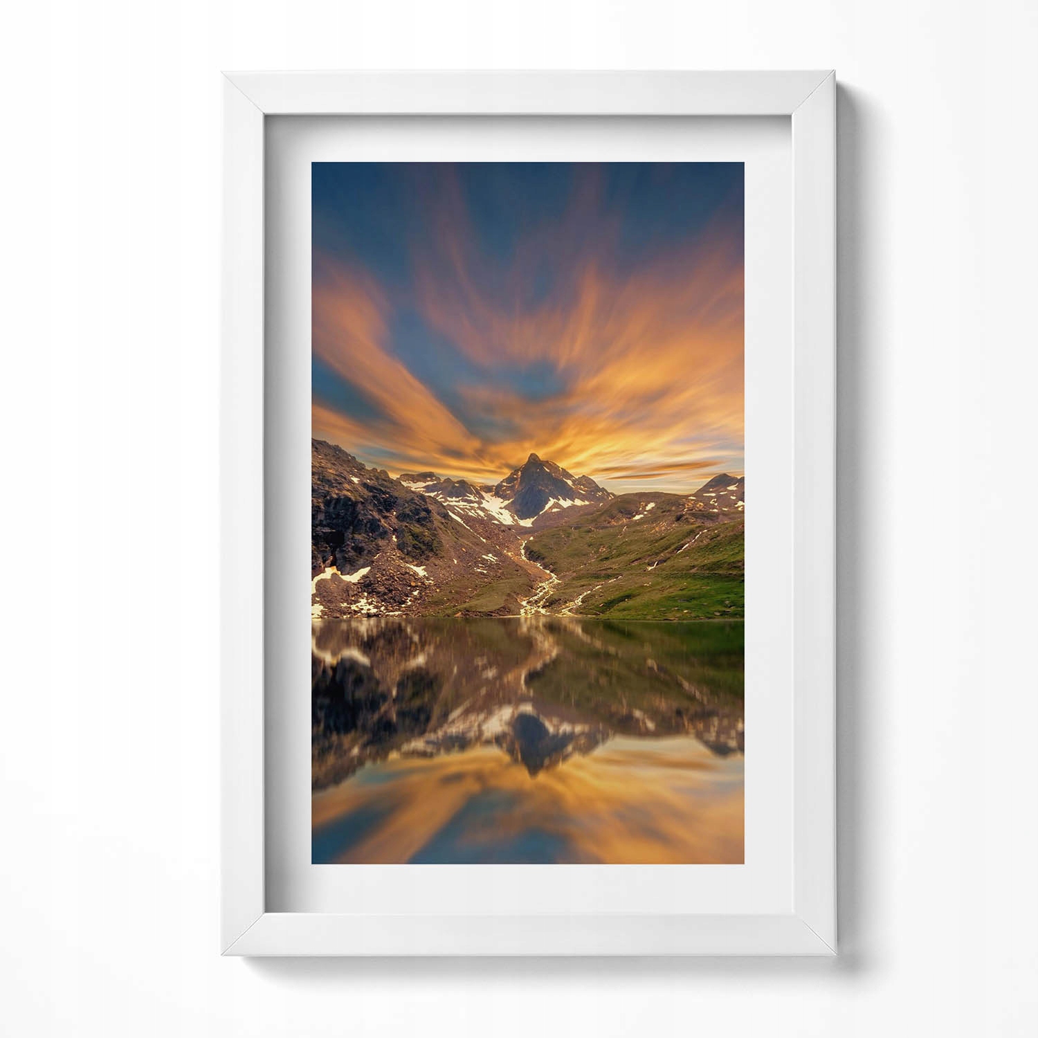 Obraz s rámem a grafikou na zeď Horské jezero a západ slunce 20x30 cm