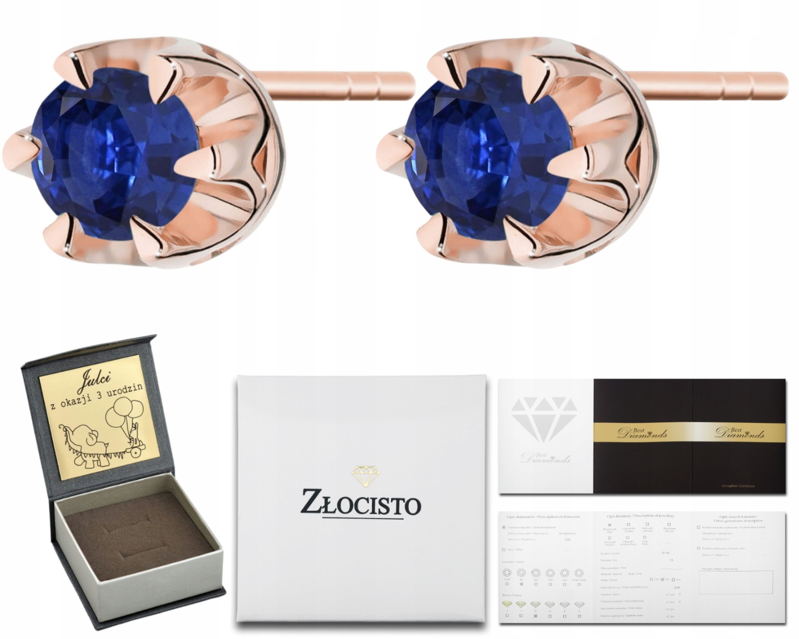 Růžové Náušnice Dárek Safíry A Diamanty, Gravírování Do Zlata 585