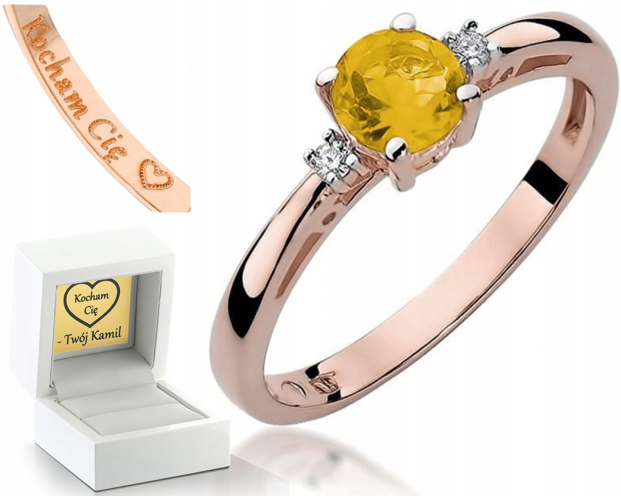 Prstýnek Prsten Z Růžového Zlata S Diamanty A Gravírování Citrínu 585