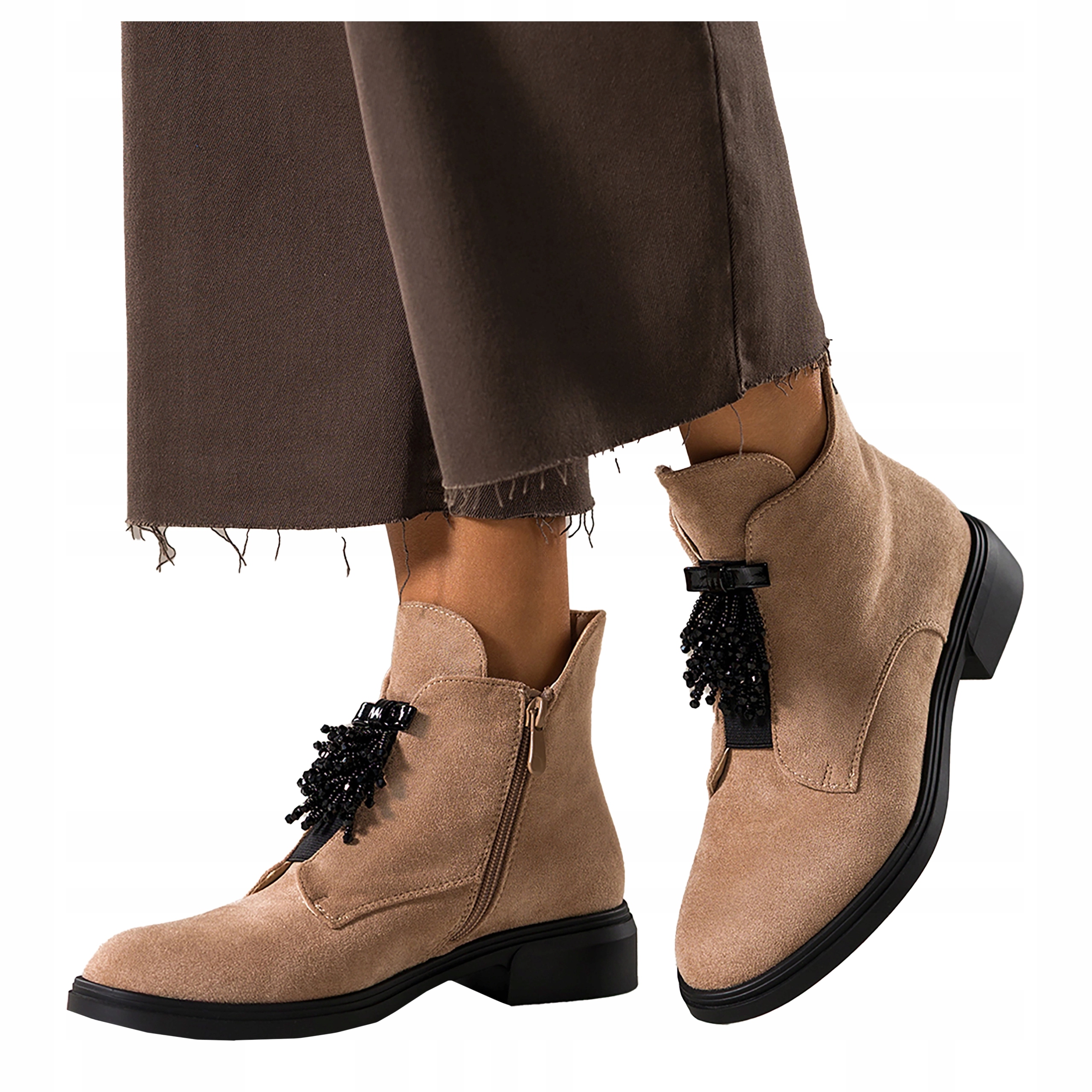 Kotníkové Boty Béžové Dámské Pohodlné S Mašličkou a Křišťály Podpatek Klocek r 37