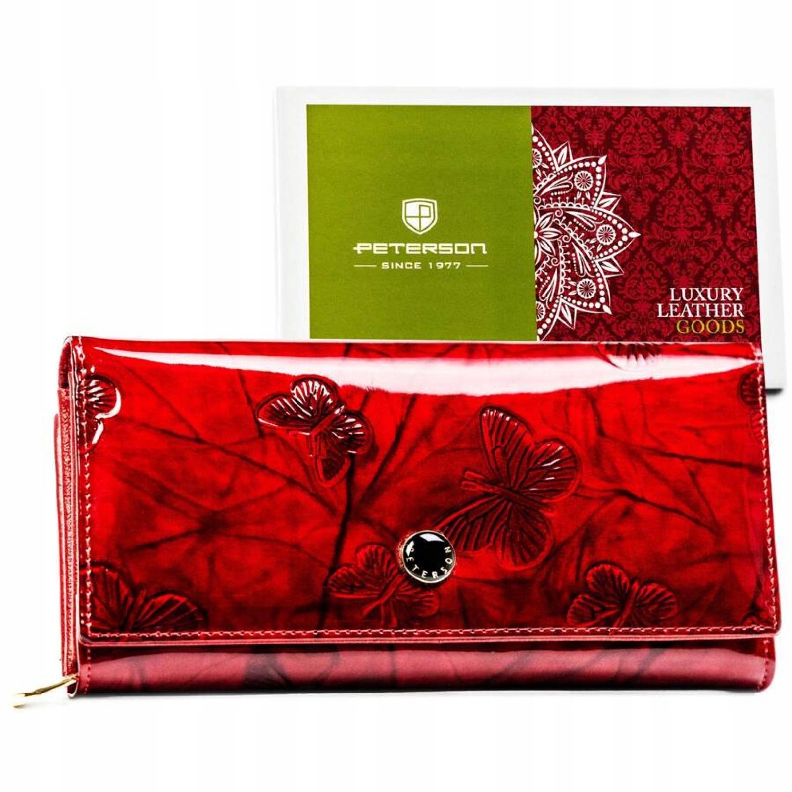 Peterson Dámská lakovaná kožená peněženka vzorovaný motýli červená