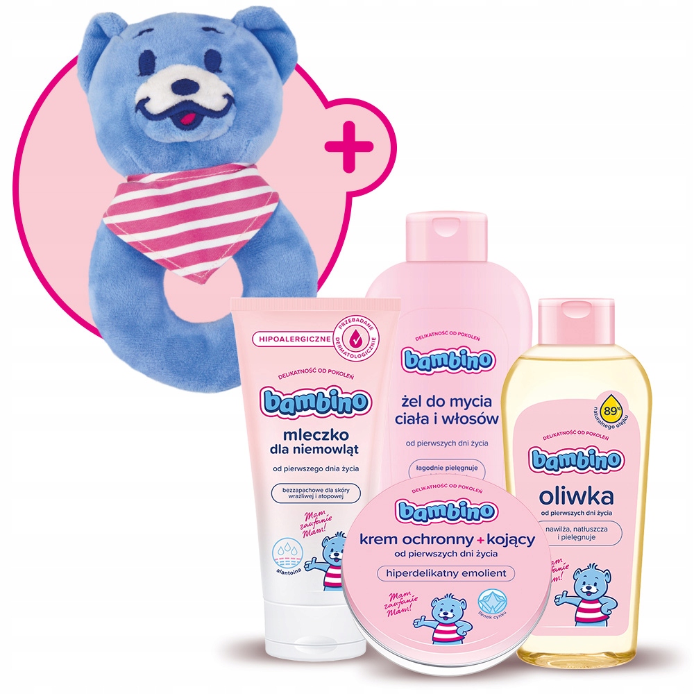 

Zestaw Bambino Mleczko,Żel,Oliwka,Krem +grzechotka