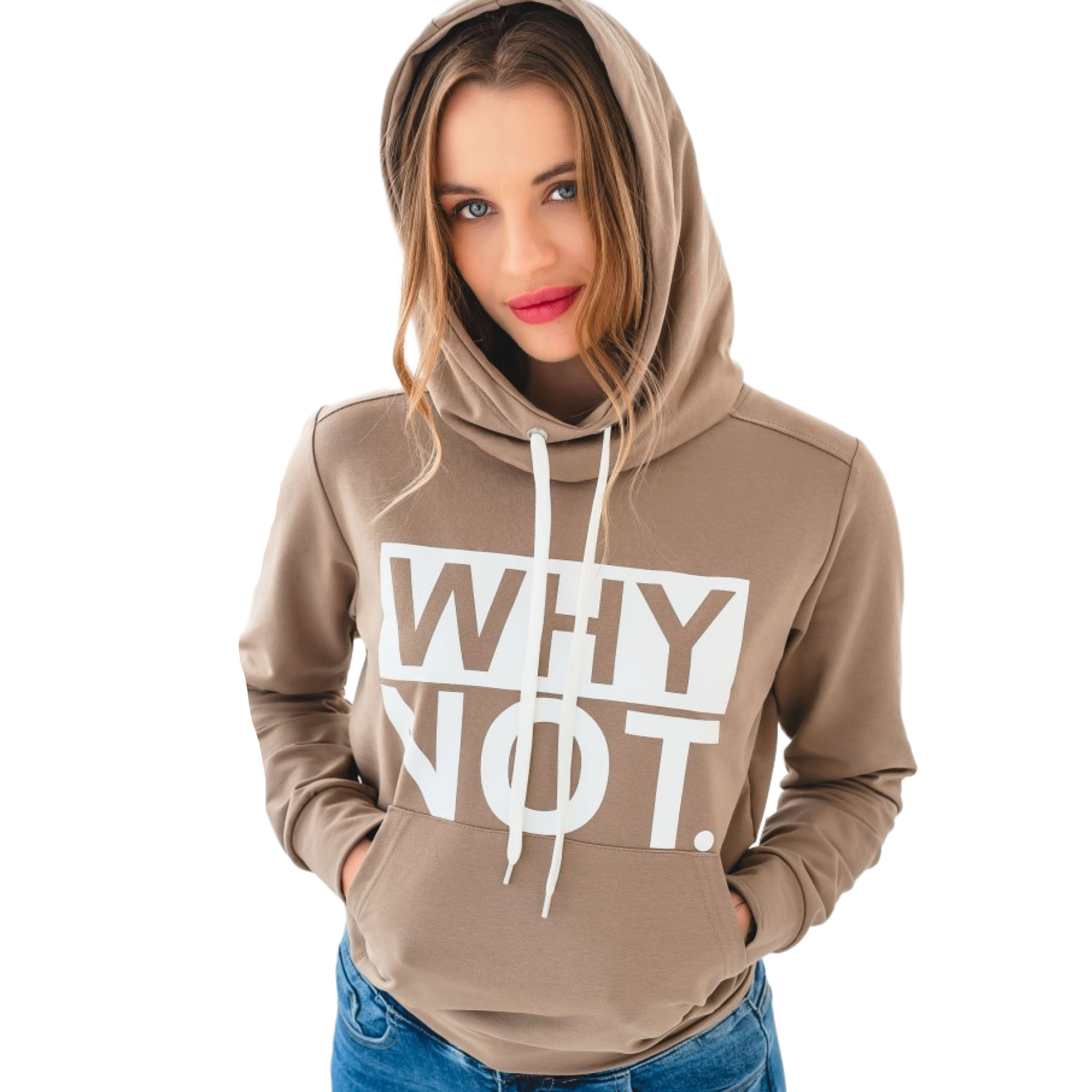 Béžová dámská mikina s nápisem bavlněná klokanka s kapucí M