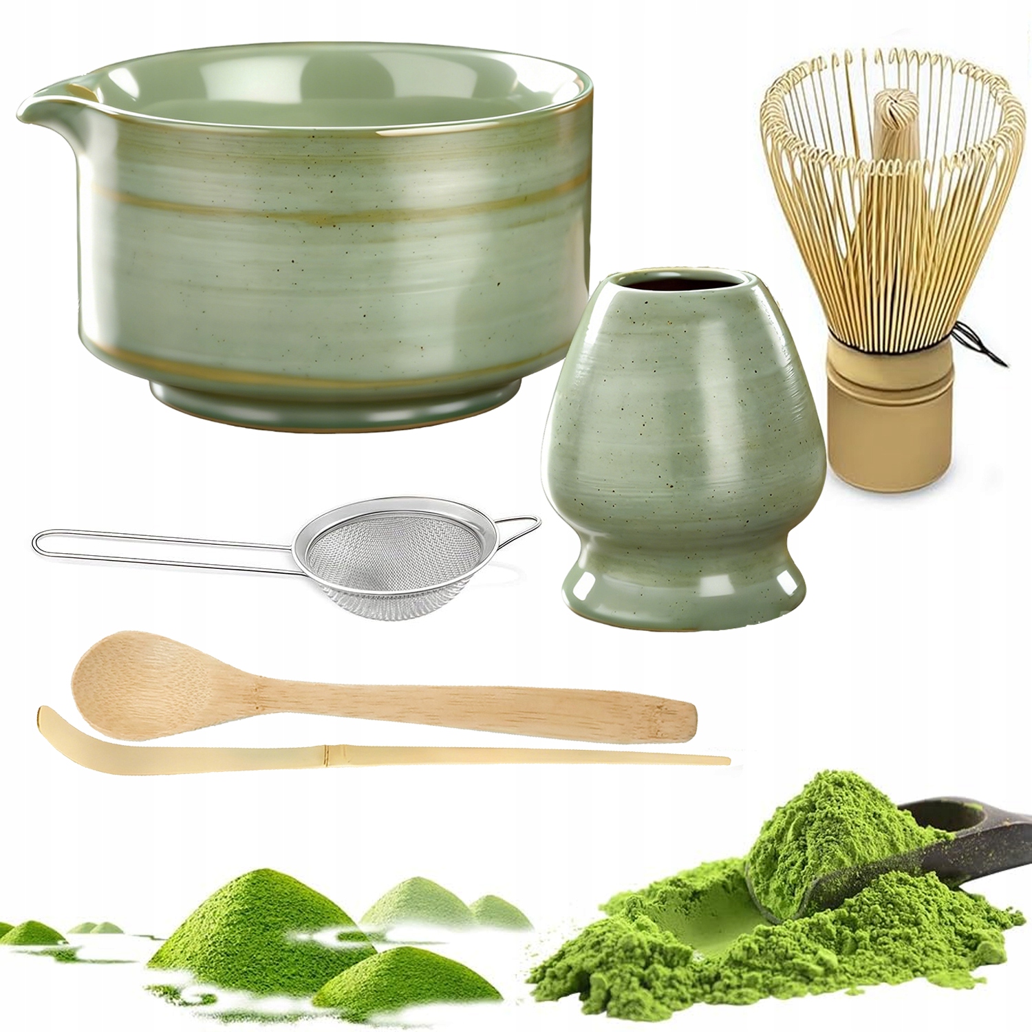 Levně Sada Na Čaj Matcha Šálek Metla Podstavec Lžička 6 Ks