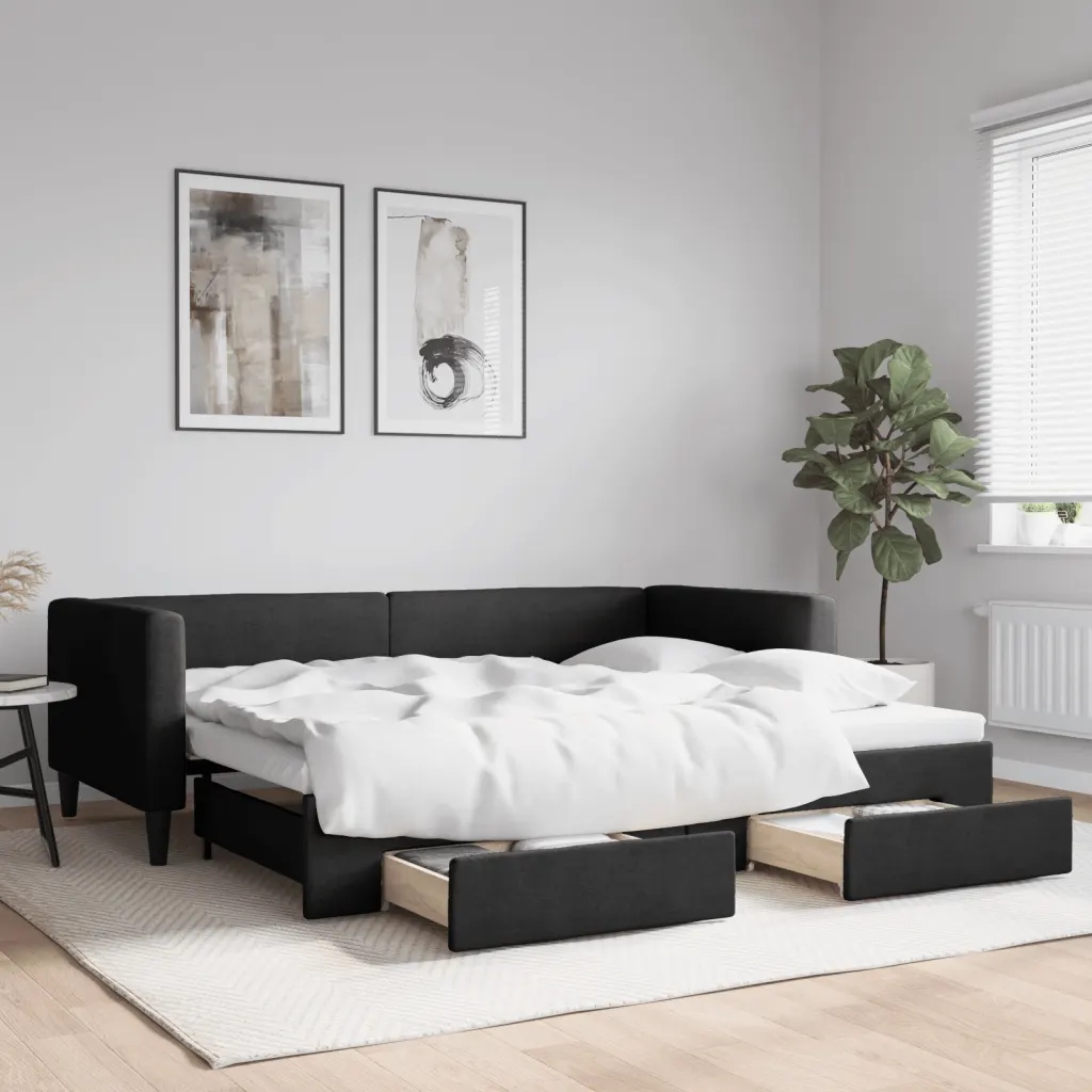 Válenda s přistýlkou a zásuvkami černá 90 x 200 cm textil Černý 3196616