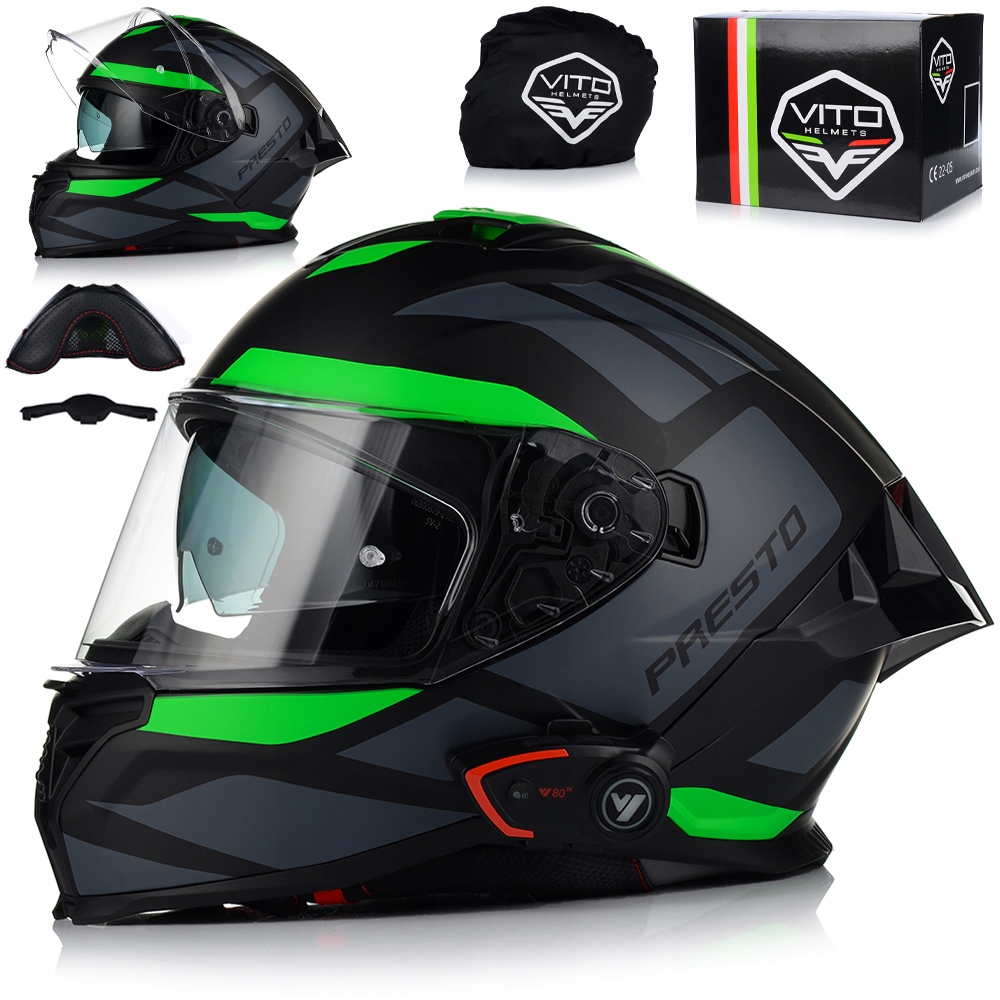 Motocyklová Prilba Vito Presto Aero Zelená Bluetooth Interkom Clona