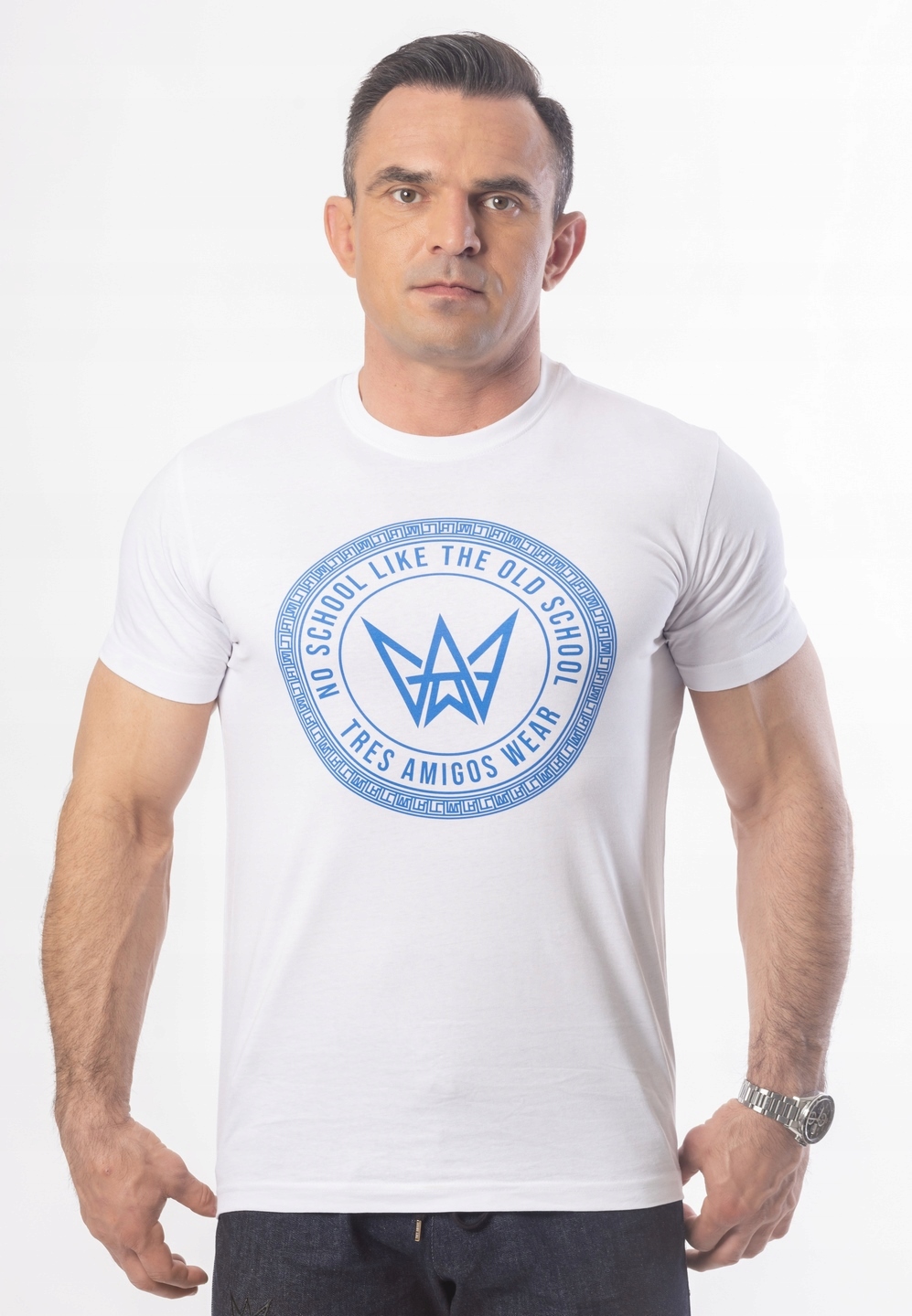 Biały T-Shirt Basic Slim fit Z Niebieskim Nadrukiem