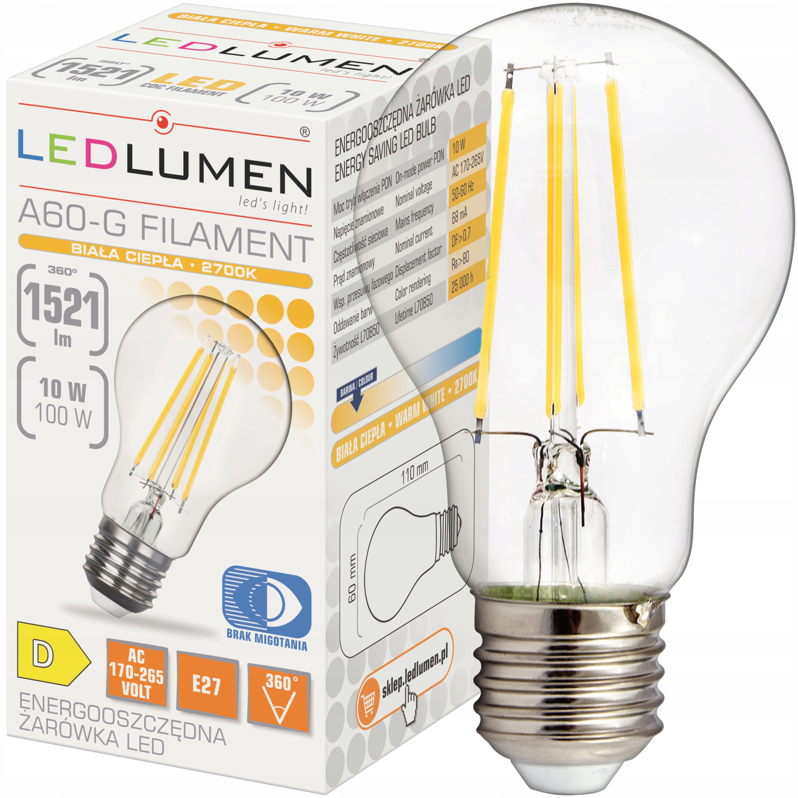 

Żarówka Led E27 10W=100W Filament 1521lm Ozdobna