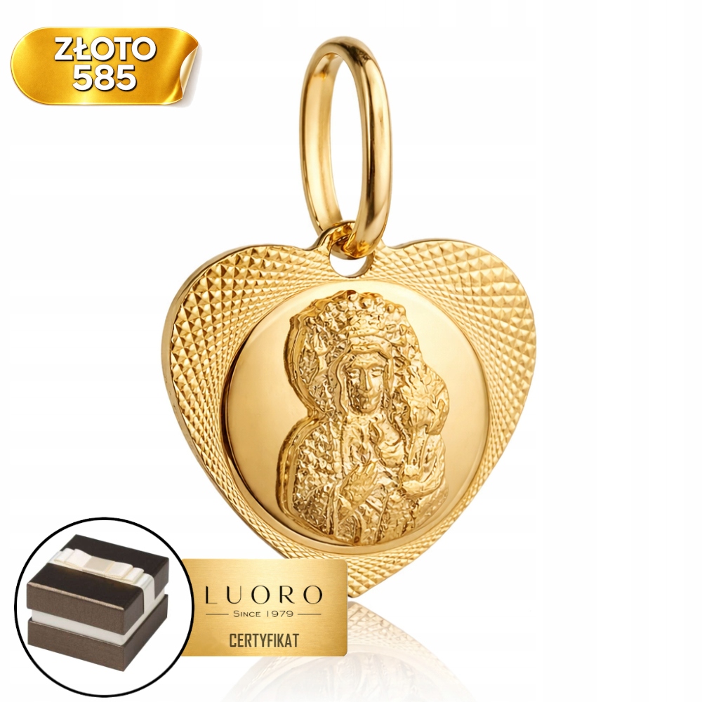 Zlatý Medailon 585 14K Panna Maria Čenstochovská Srdce 1,6 CM Prestižní