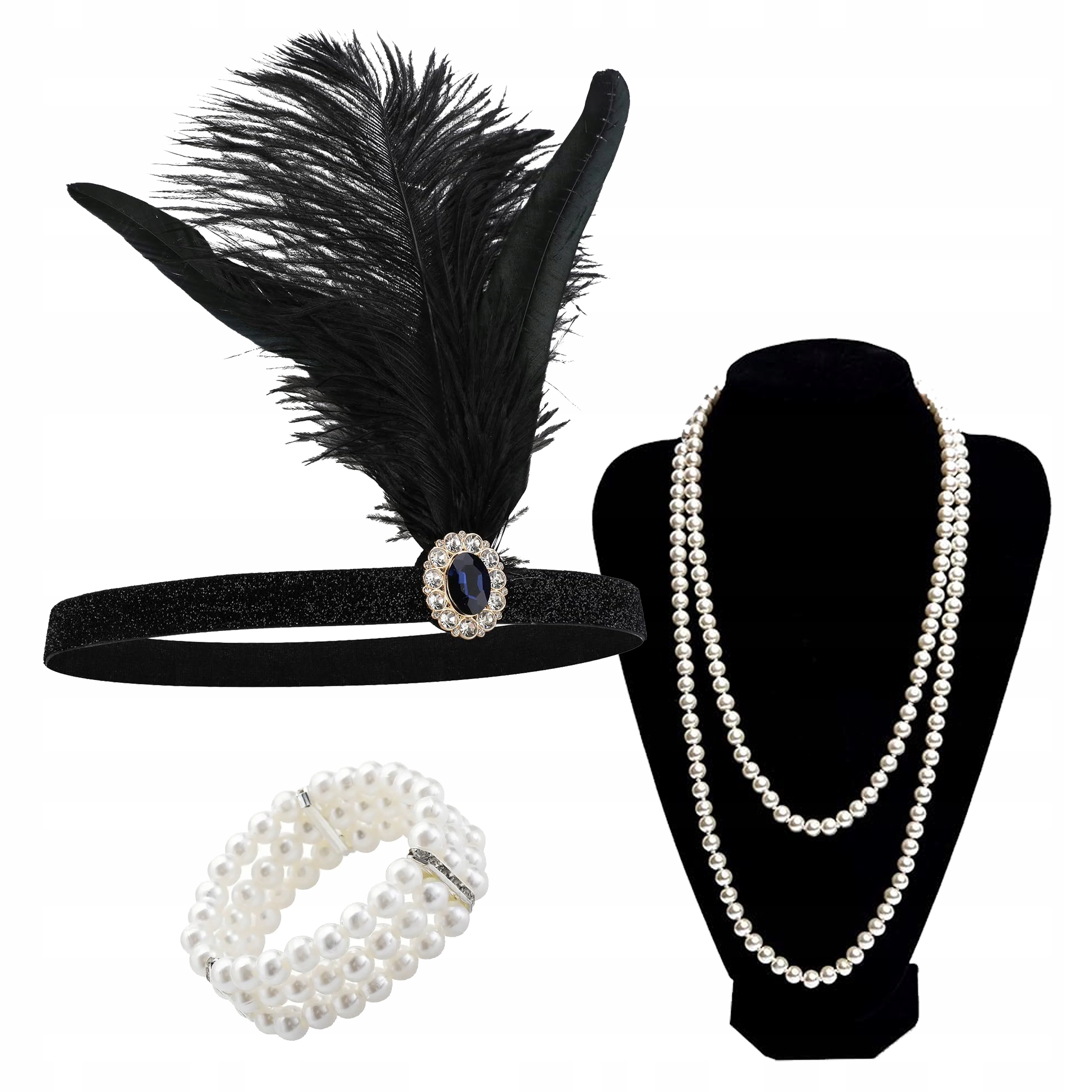 ZESTAW RETRO LATA 20 DAMSKI PRZEBRANIE KARNAWAŁ OPASKA KORALE RĘKAWICZKI Marka inny