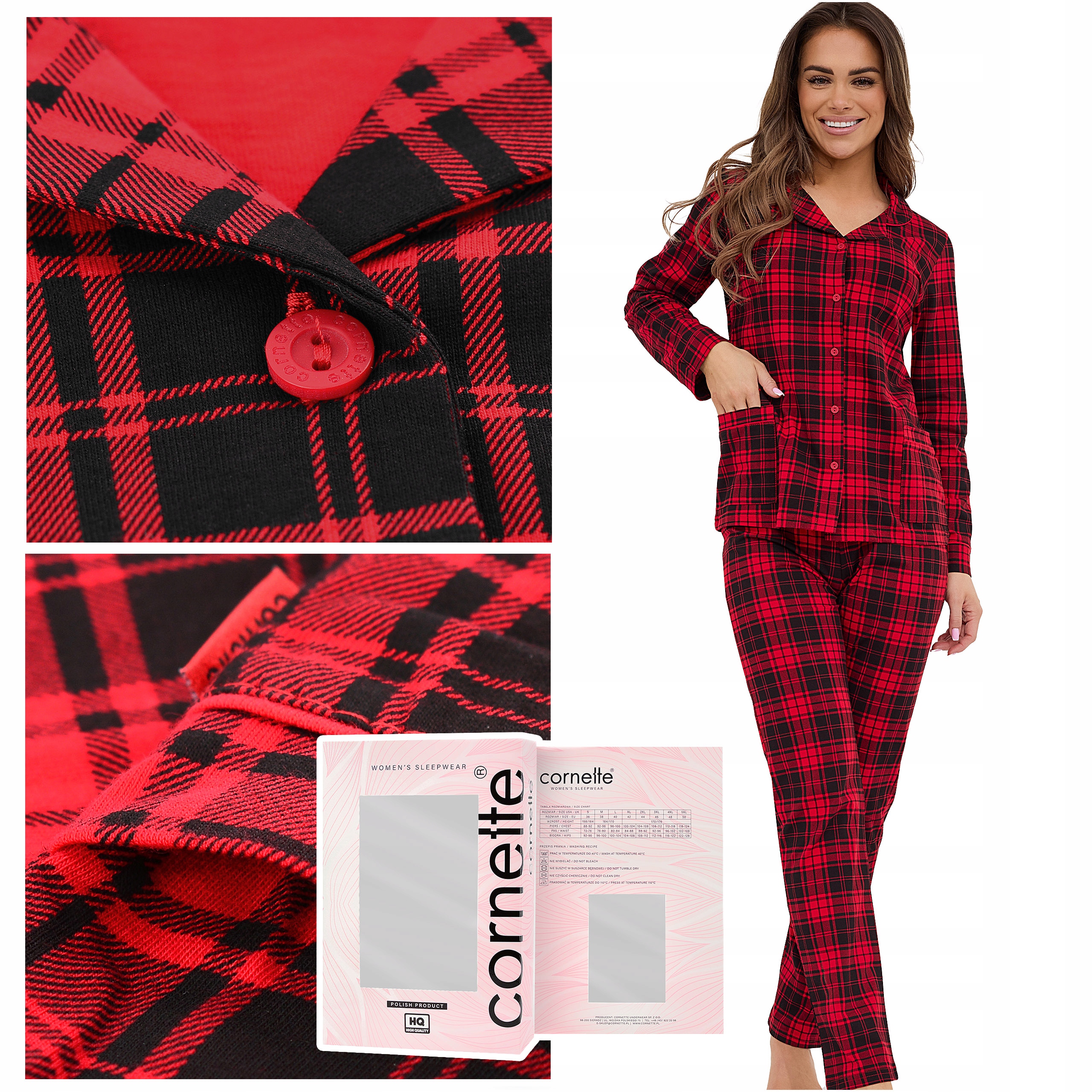 Dámské pyžamo s dlouhým rukávem Cornette červené kostkované, Bavlna Velikost XL