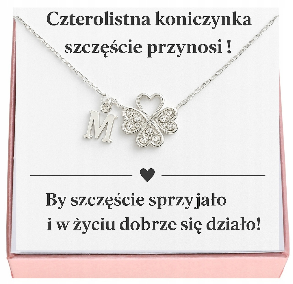 Srebrny łańcuszek z koniczynką na szczęście Dowolna Literka Srebro 925