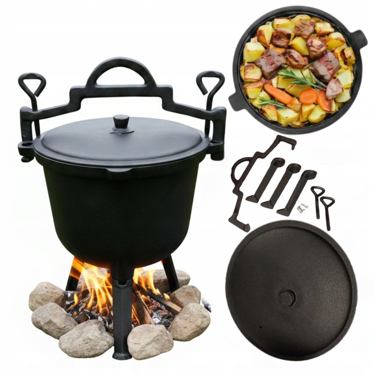 Litinový kotlík 8L Maďarský lovecký hrnec na oheň, gril, pečení