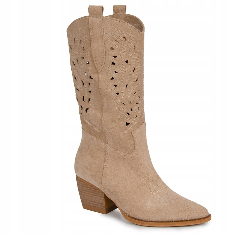 Carinii B9463 Jarní Kovbojské Boty Ažurové Semišové Kůže Béžové 40