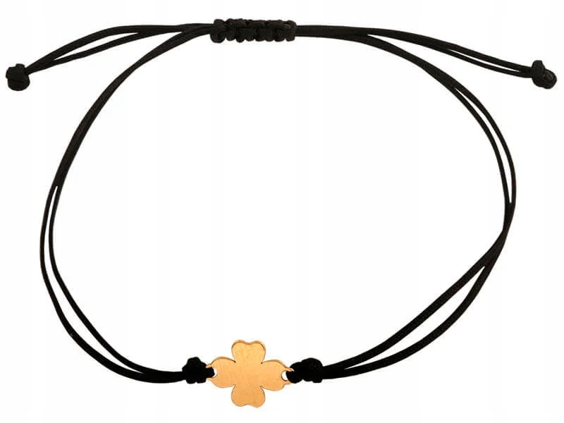 Zlatý náramek 585 s hladkým čtyřlístkem na černém 14karátovém provázku