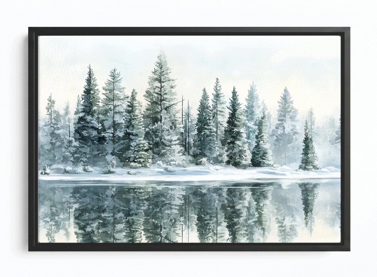 Obraz Rám American Box Zima Krajina Les Sníh Jezero Odraz Stromu 60x40
