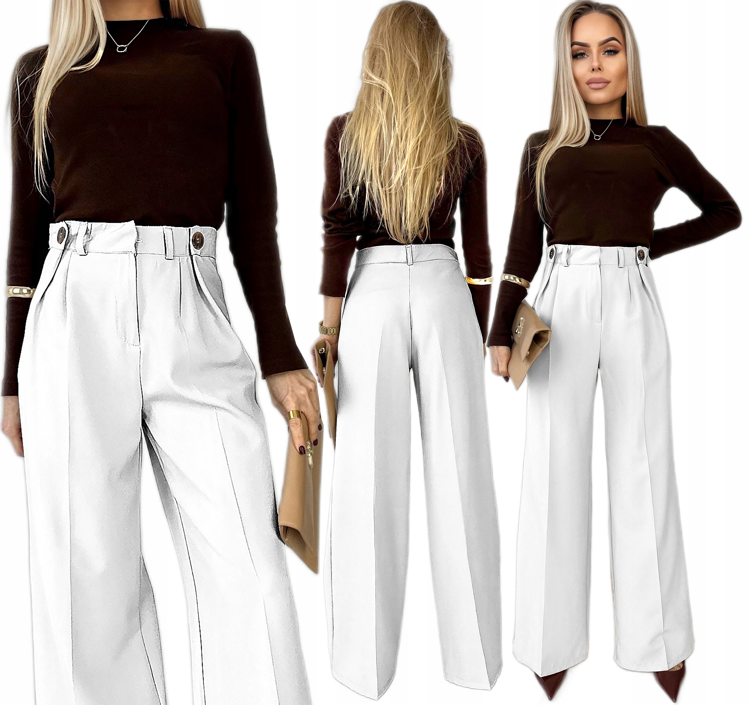 Spodnie damskie szerokie nogawki na kant wysoki stan L Otylia