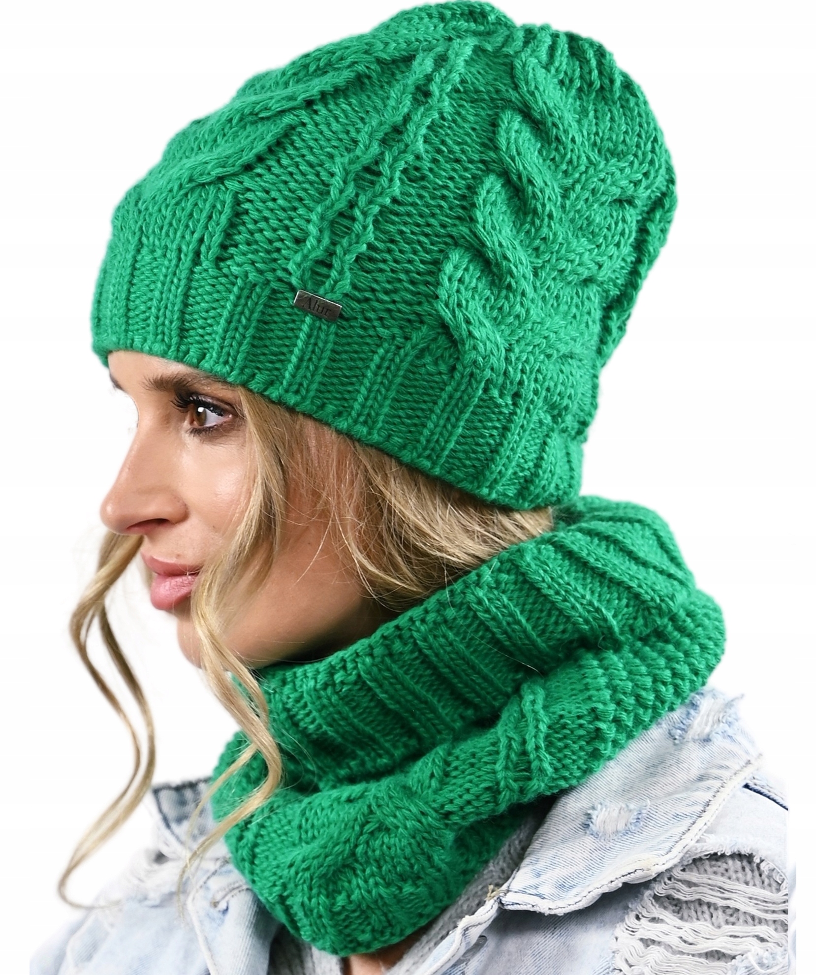 Čepice Nákrčník Dámský komplet Zima Teplá Pletenina Módní copánek Polský