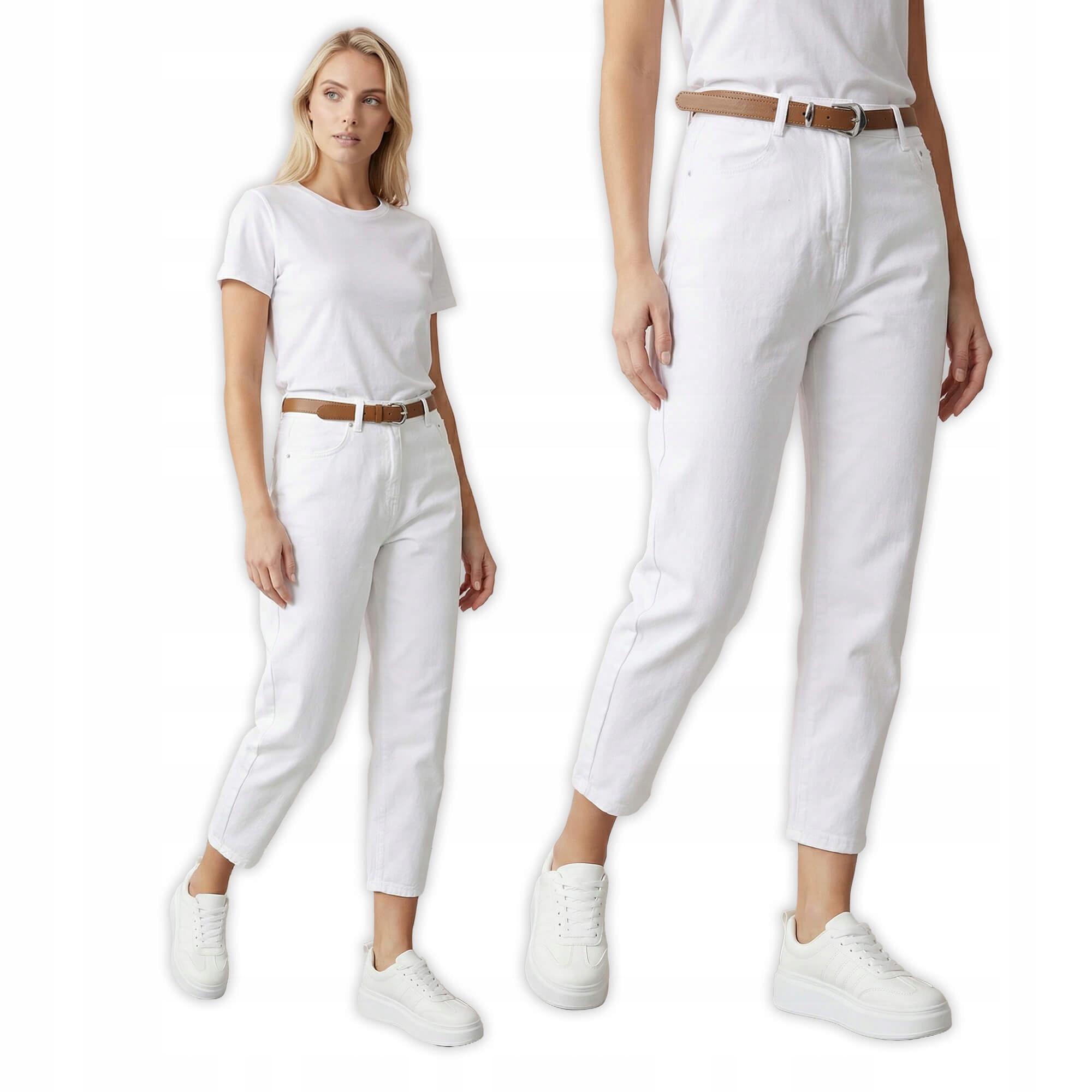 Spodnie jeans damskie M.Sara Balloon wysoki stan Białe M