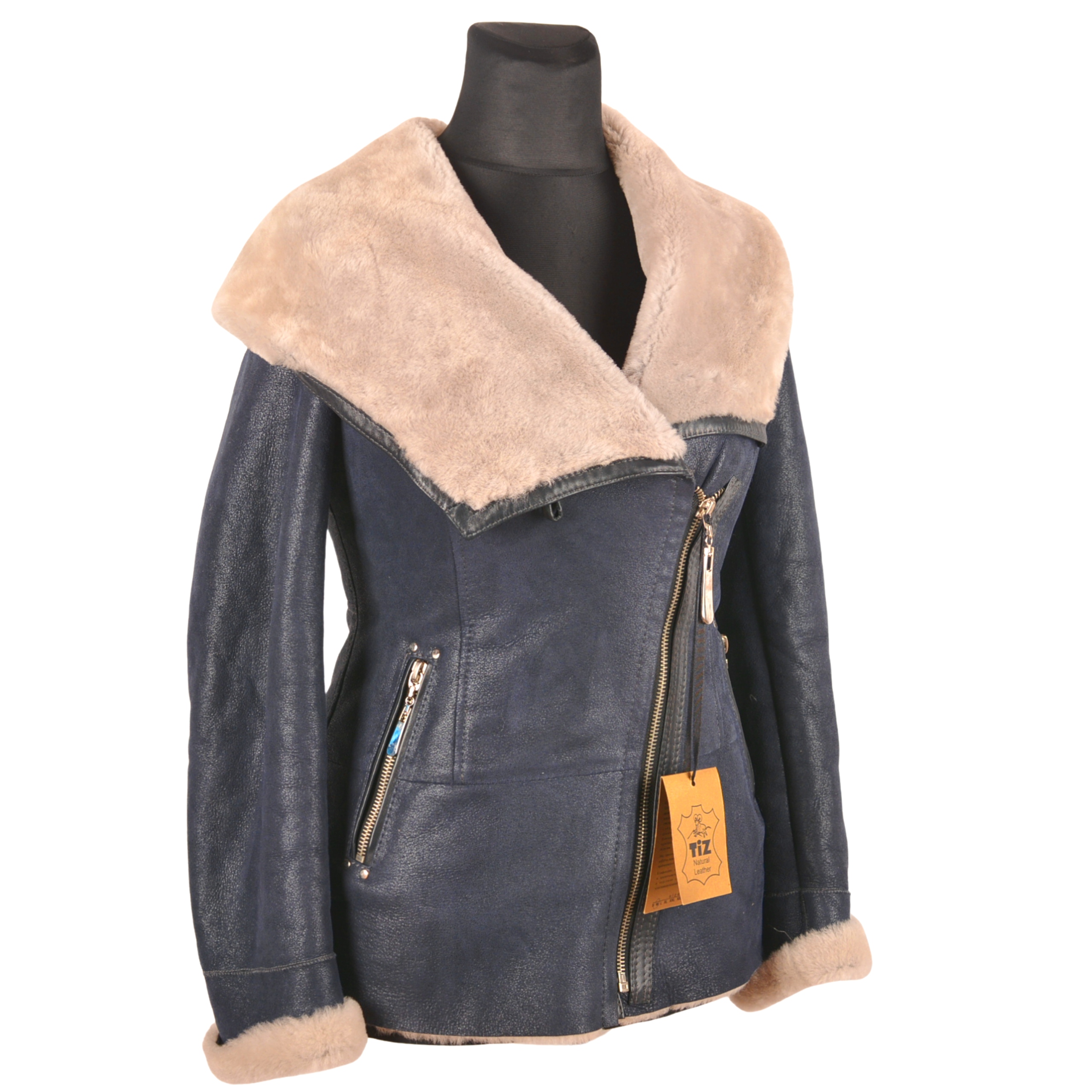 Dámská přírodní kožichová bunda Tiz, teplá modrá, kapuce premium, velikost 38 /M