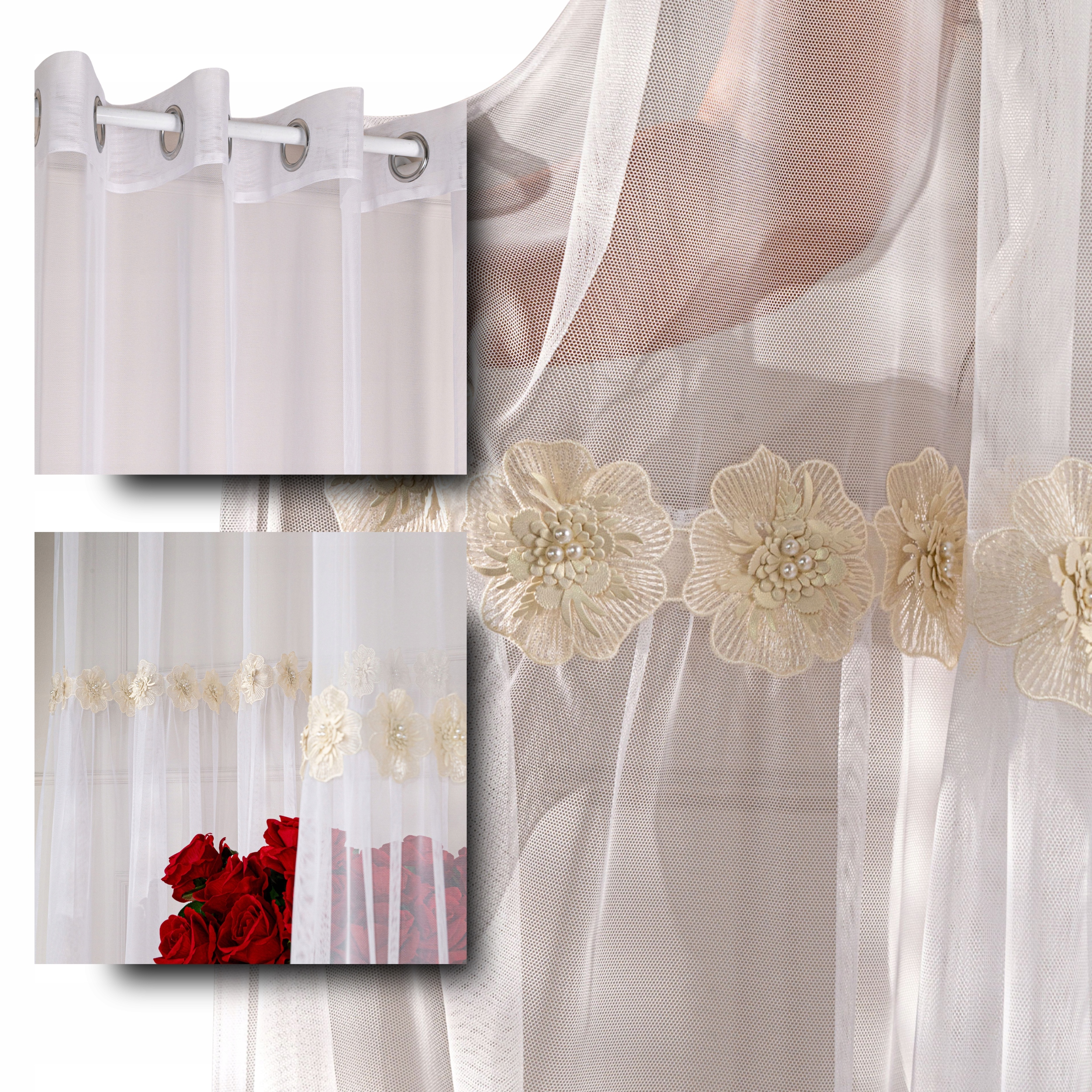 Záclona se zlatými 3D květy hotová záclona je připravena na průchodkách 140x250 Isen