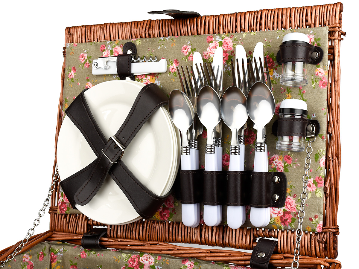 КОШИК ДЛЯ ПІКНІКА ПЛЕТЕНІ ТАРІЛКИ СТОЛОВІ ПРИБОРИ 4 ЛЮДИНИ