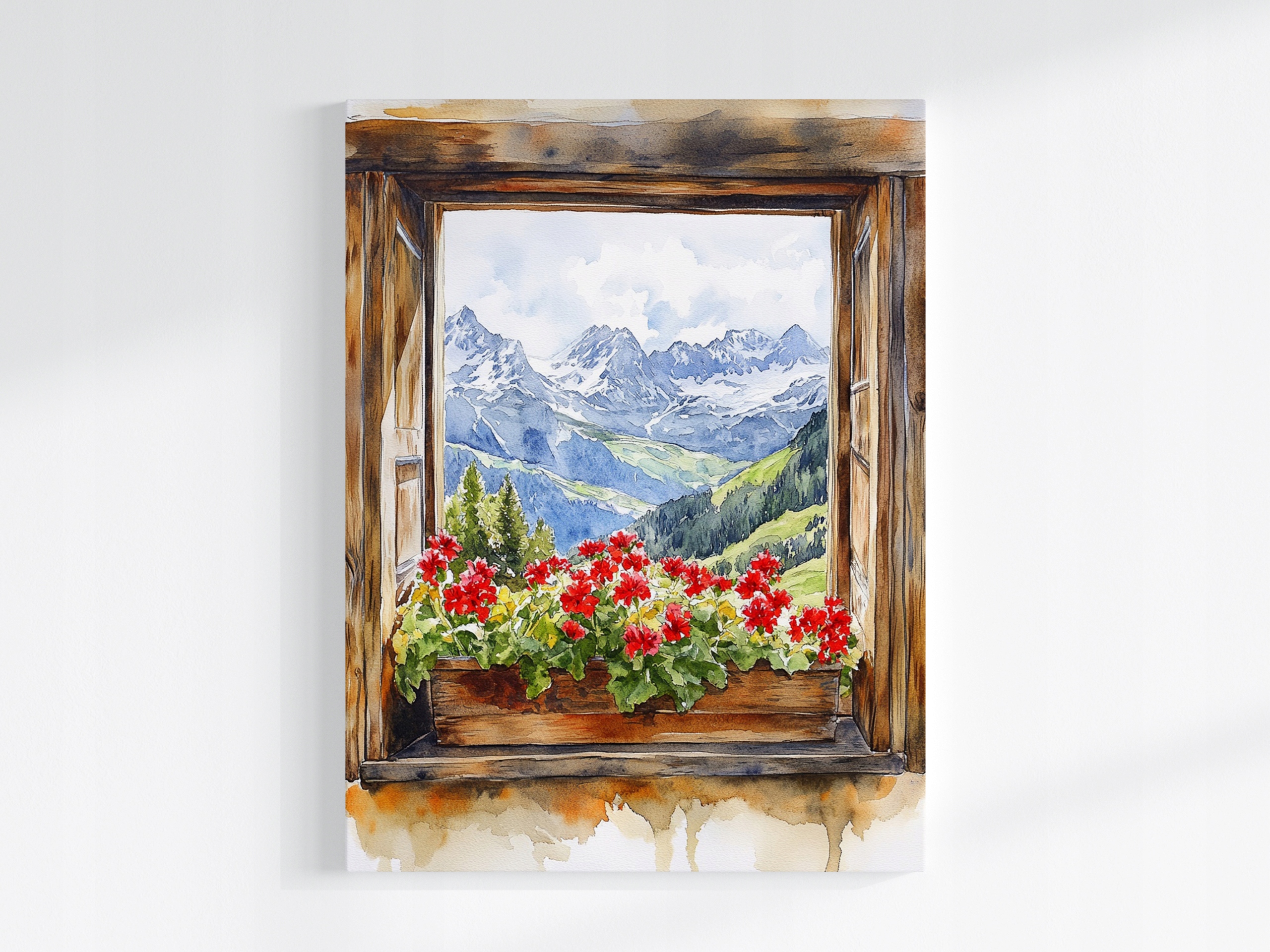 Obraz Na Plátně Canvas Okno Pohled Na Hory Alpy Sníh Květiny Pelargonie 75x100