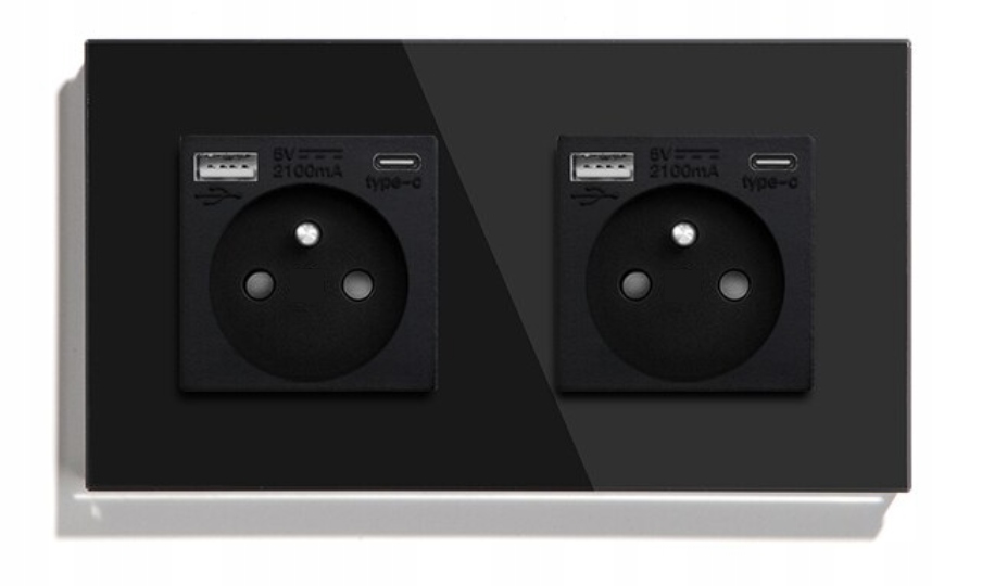 Skleněná Zásuvka Dvojitá Usb A+c Quick Charge 20W Qc 3.1A Kontakt 16A