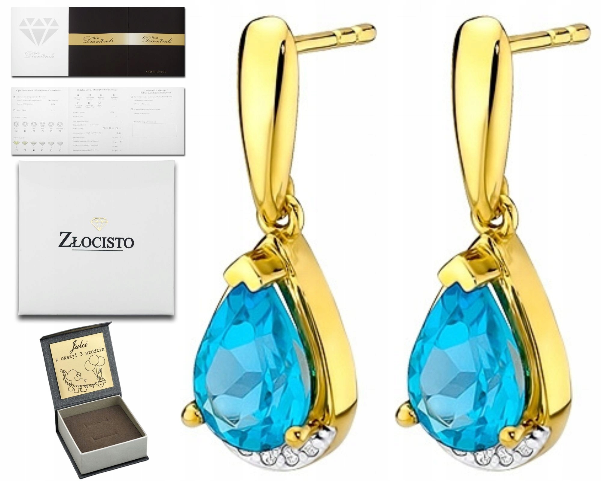 Zlaté Náušnice S Topazem A Briliantovými Diamanty