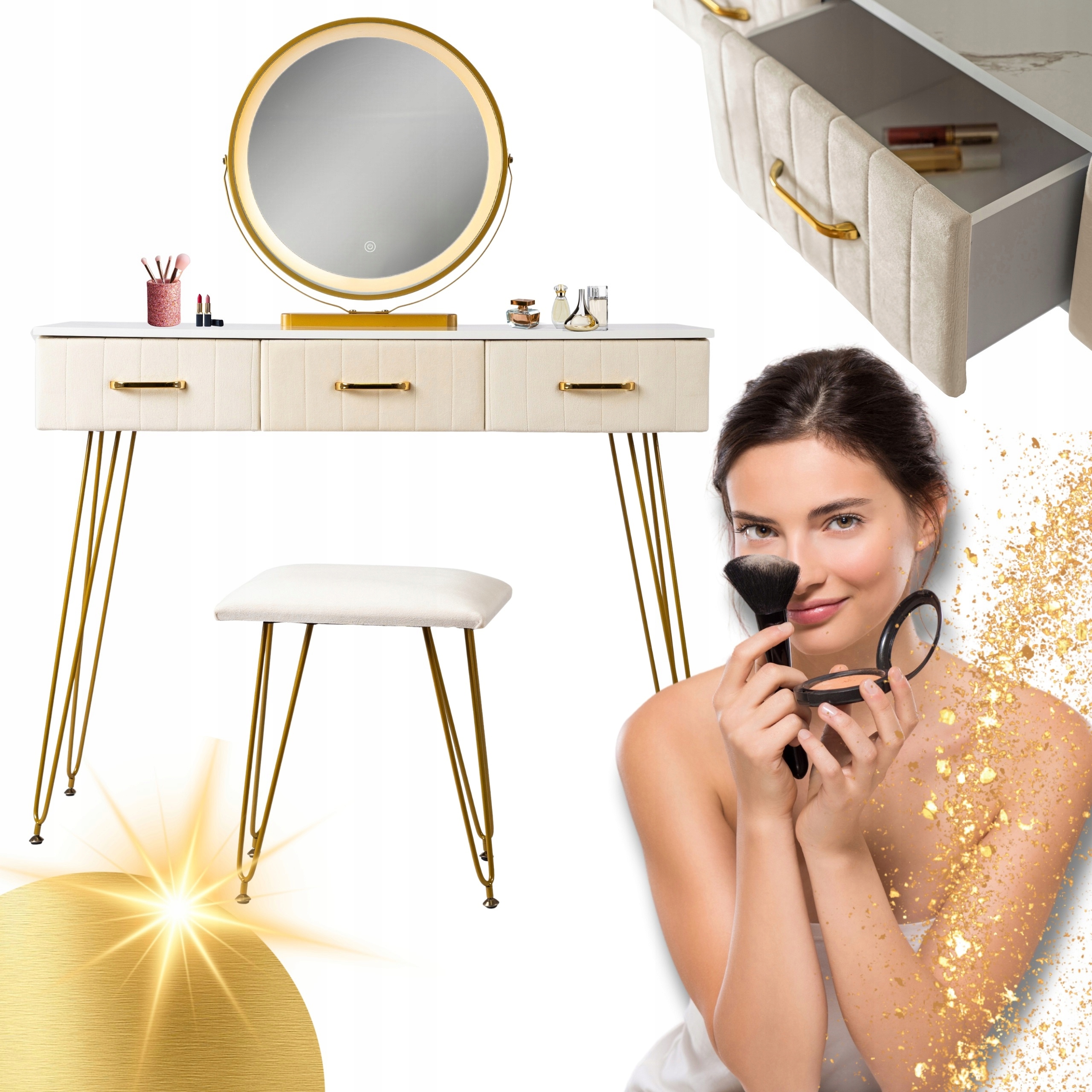 Toaletní Stolek se zrcadlem pro holčičku Sandy Krém s zásuvkami a židlí