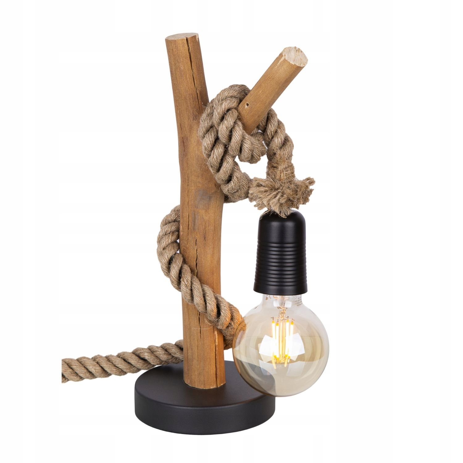 Drevená ekologická stolová lampa s vintage konopným lanom bez tienidla