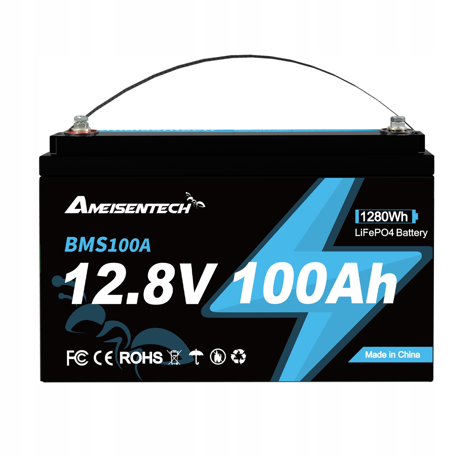 Ameisentech Dobíjecí Baterie LiFePO4 12V 100AH s Bms pro Ukládání Energie