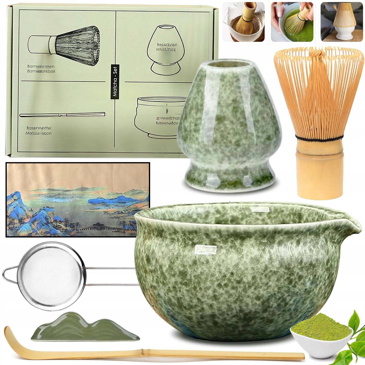 Zestaw Prezentowy Do Herbaty Matcha Miskę Do Matchy Szklankę Łyżeczkę 7EL