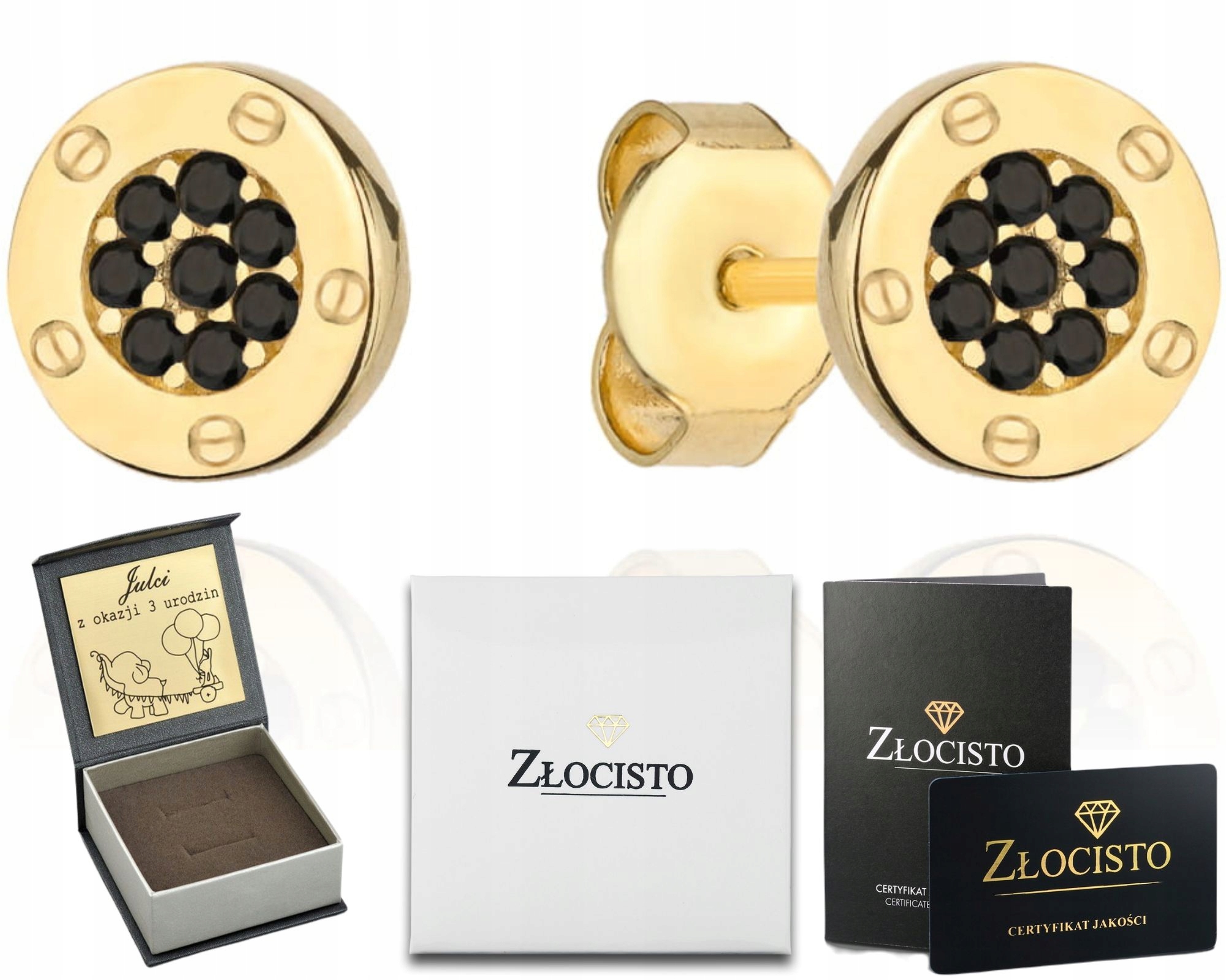 Zlaté náušnice s kolečky 14K 585 a černým kamenem 7 mm