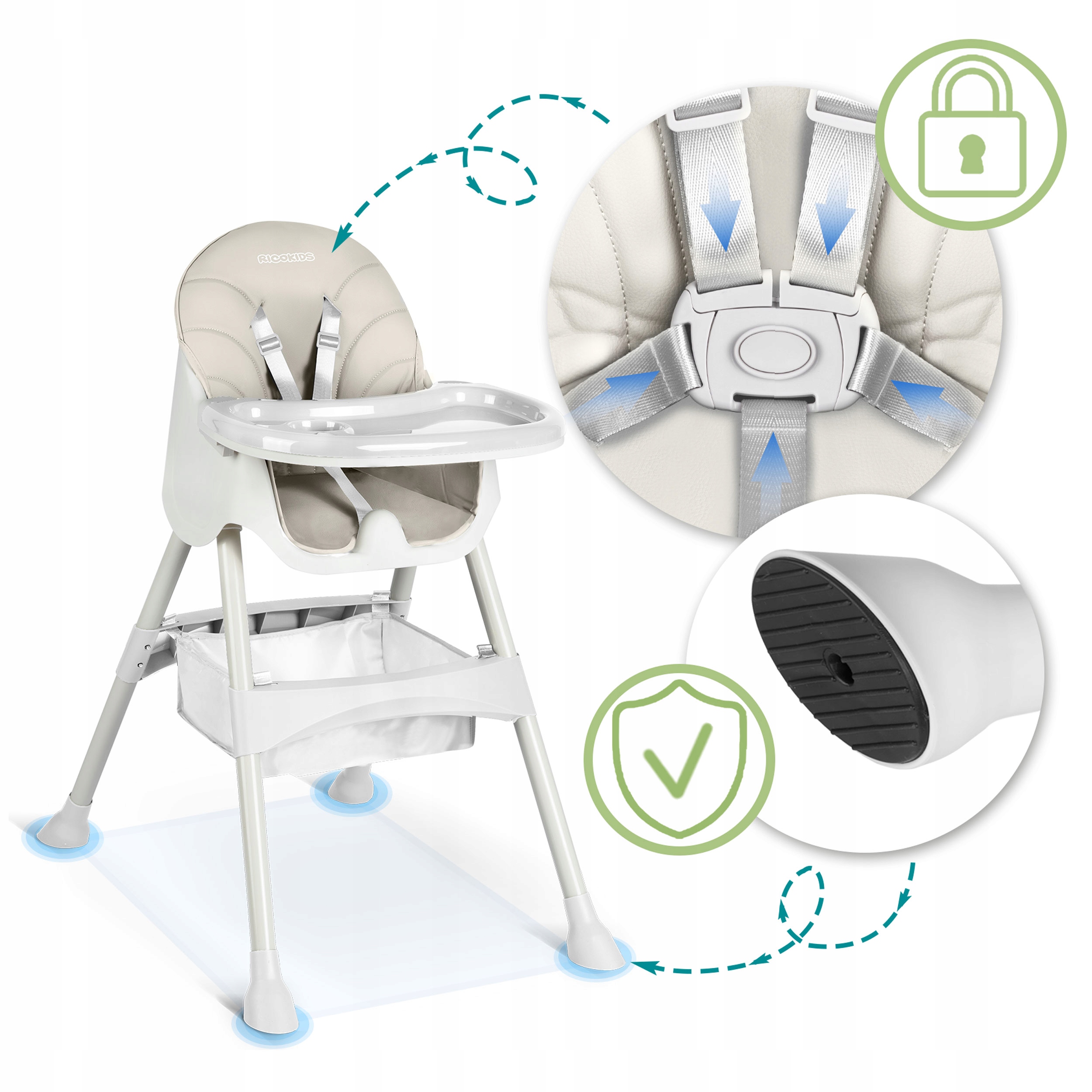 KRZESEŁKO DO KARMIENIA MILO DLA DZIECI SKŁADANE TACKA RICOKIDS Wiek dziecka 6 m +